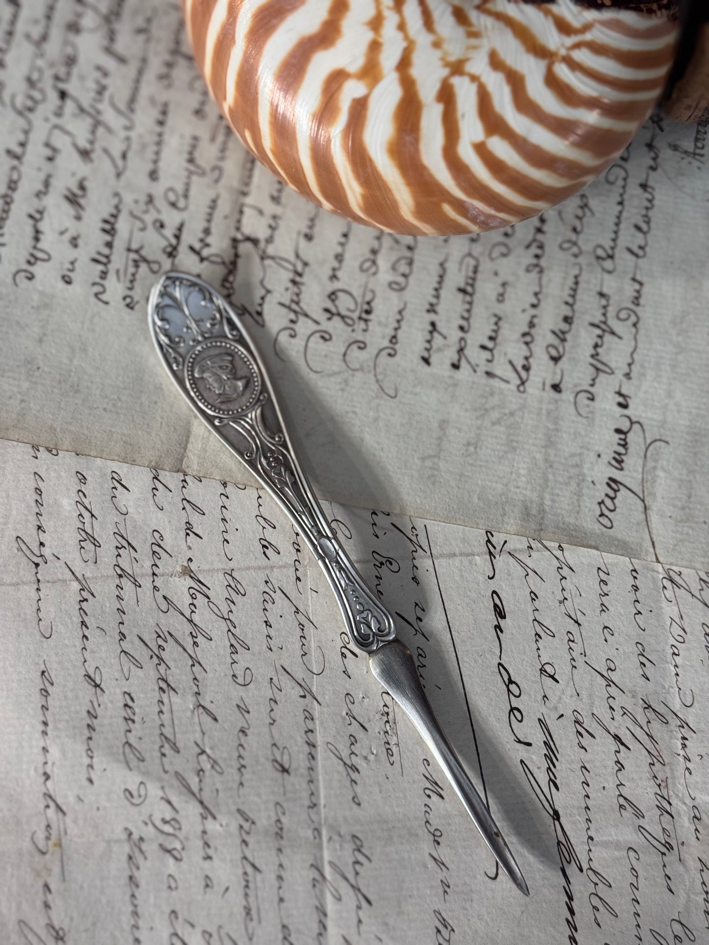 English Silver Plate Letter Opener with Classical Profile Medallion