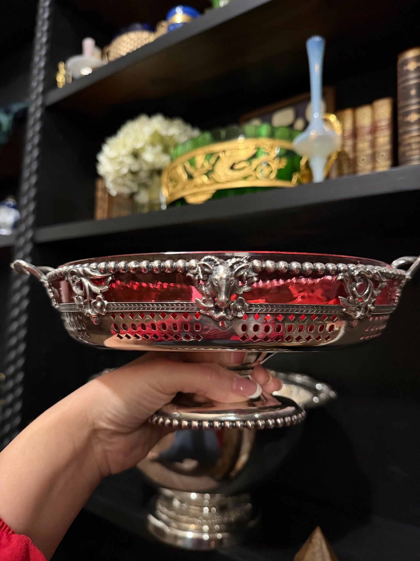 Reserved Early 19th c. Creil Basket, Silver and Ruby Glass Bowl