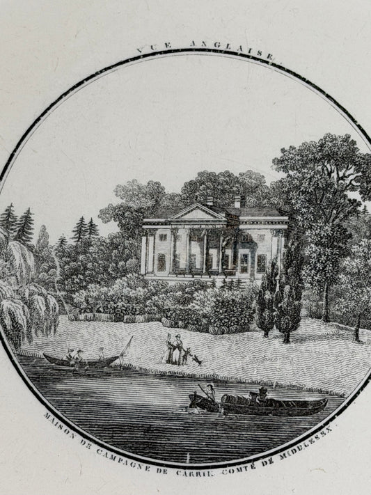 Antique French Creil Black Transferware Platter, Maison de Campagne de Carril, Comté de Medlenx, 13.25”