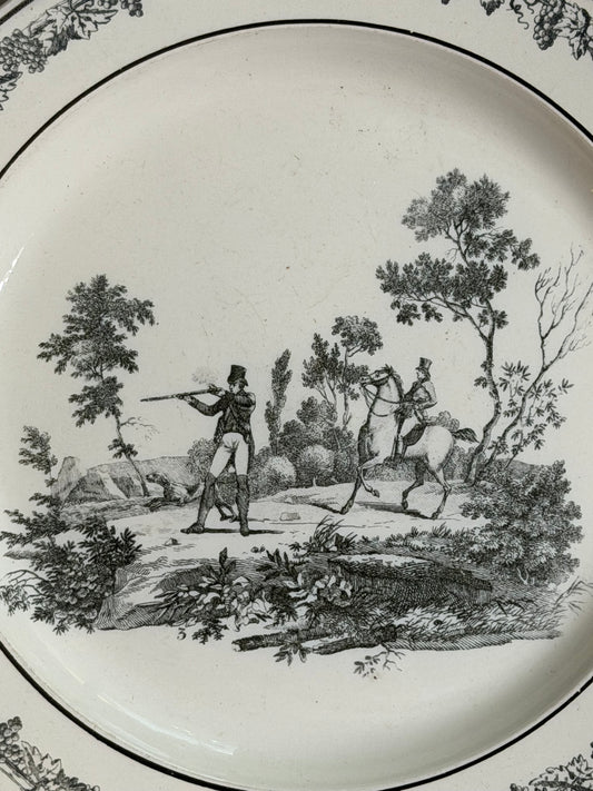 Antique French Creil Black Transferware Hunt Scene Plate with Huntsman on Horseback, 8.25”
