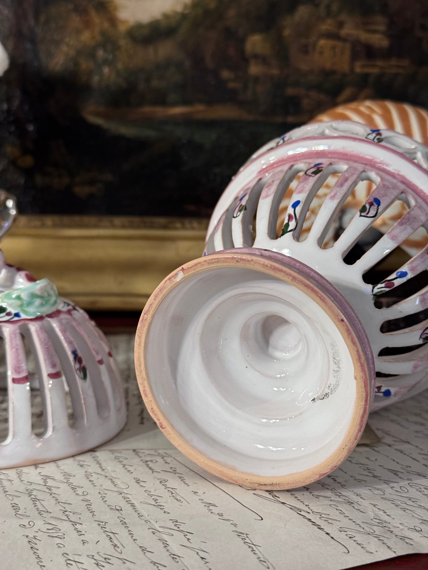 French Faience Pierced Pedestal Sweetmeat Urn with Lid