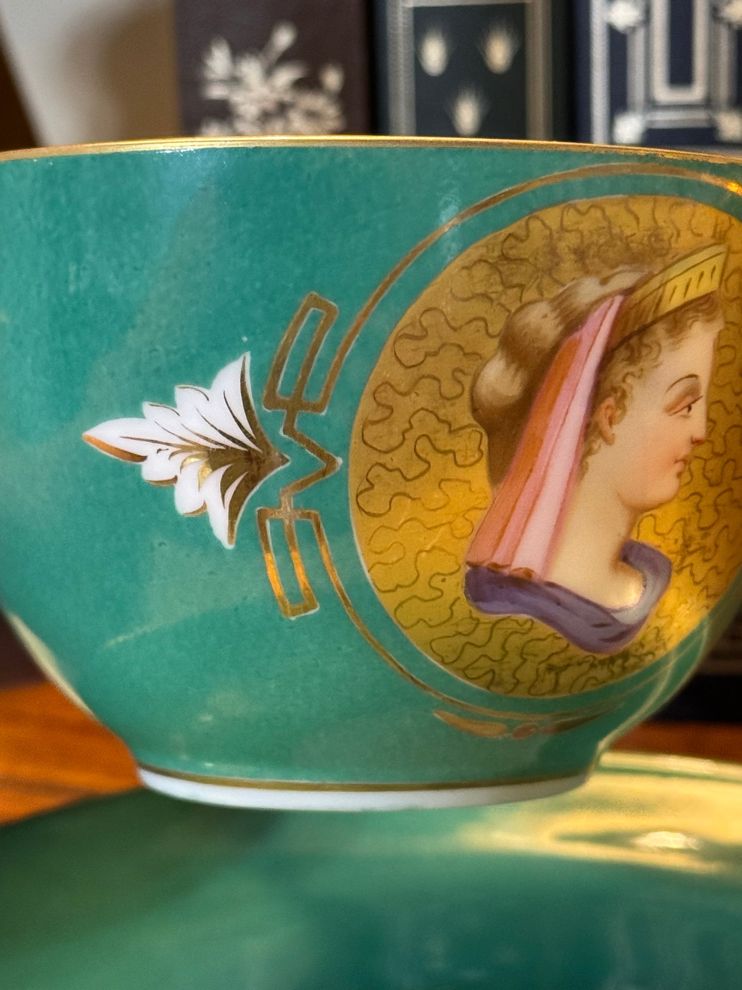 19th c. French Porcelain Green Ground Empire Portrait Cup and Saucer