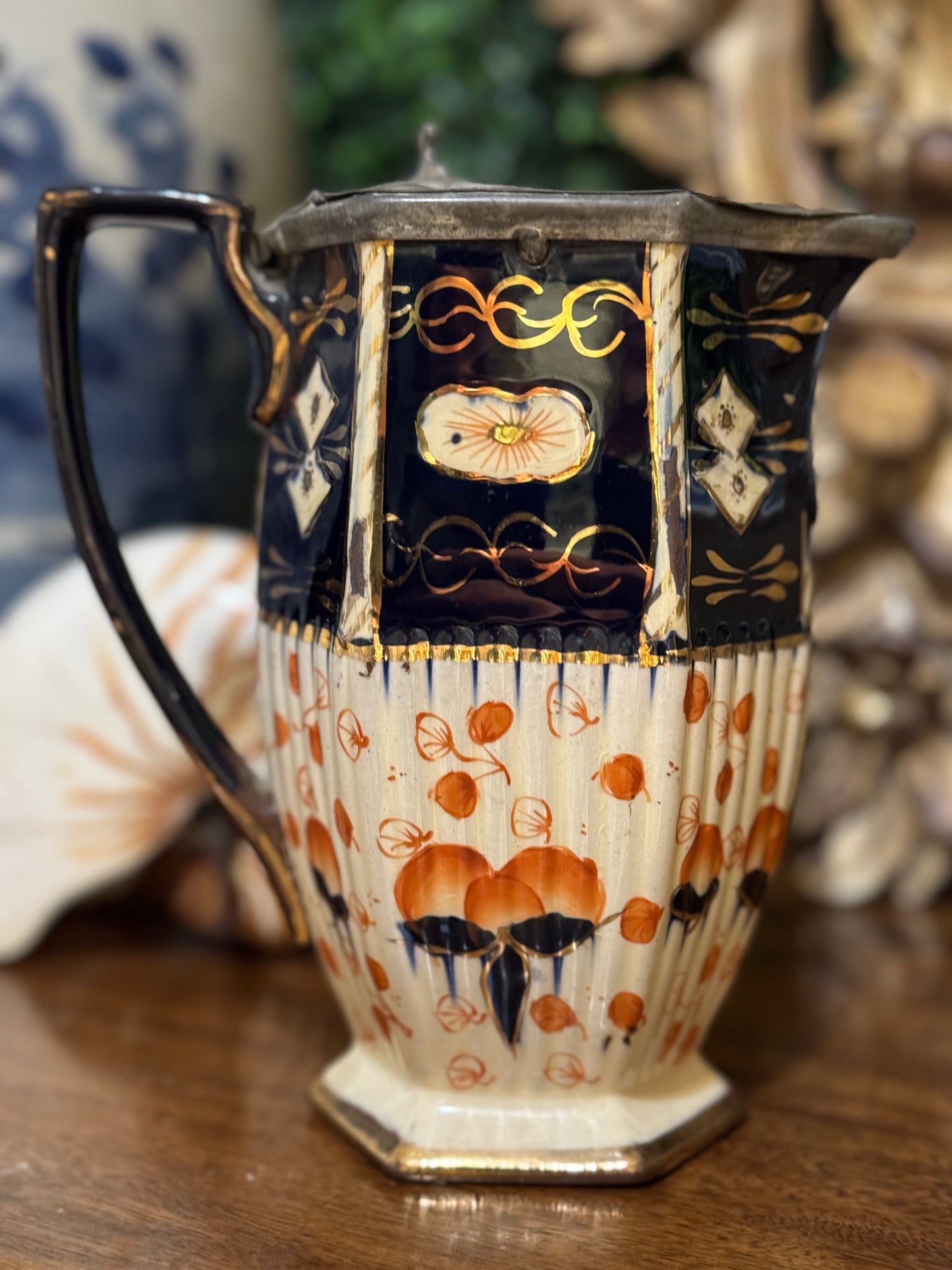 Antique English Enamel Over Copper Pitcher with Pewter Lid