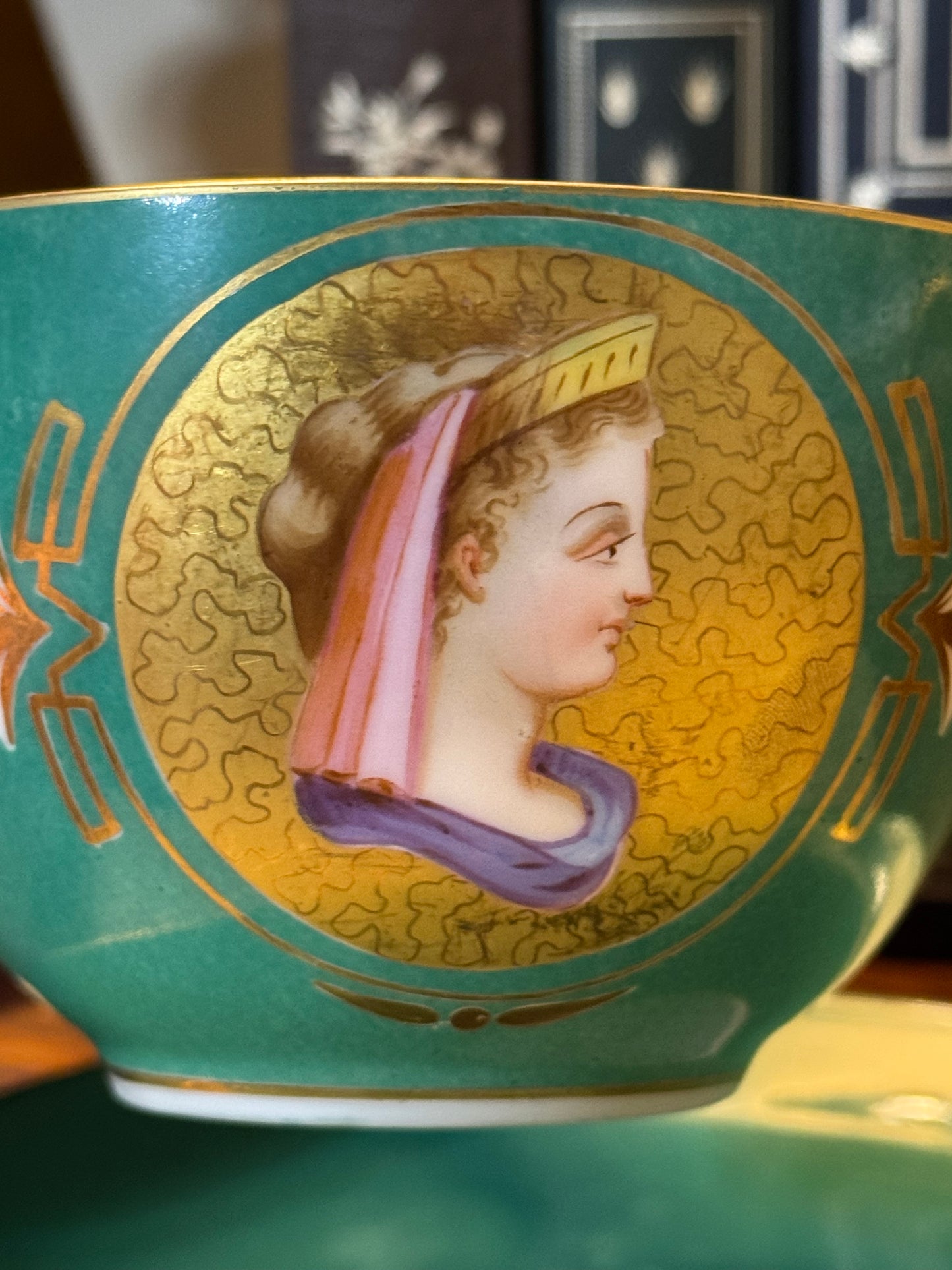 19th c. French Porcelain Green Ground Empire Portrait Cup and Saucer