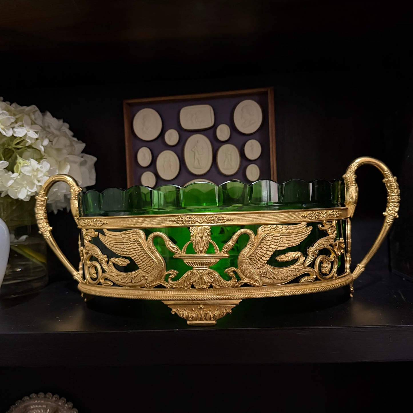 Reserved Empire 19th c. Gilt Bronze and Green Crystal Jardiniere