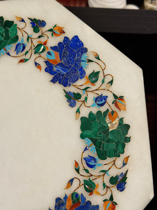 Marble Pietra Dura Platter with Hardstone Floral Inlay, 11.25 Inches