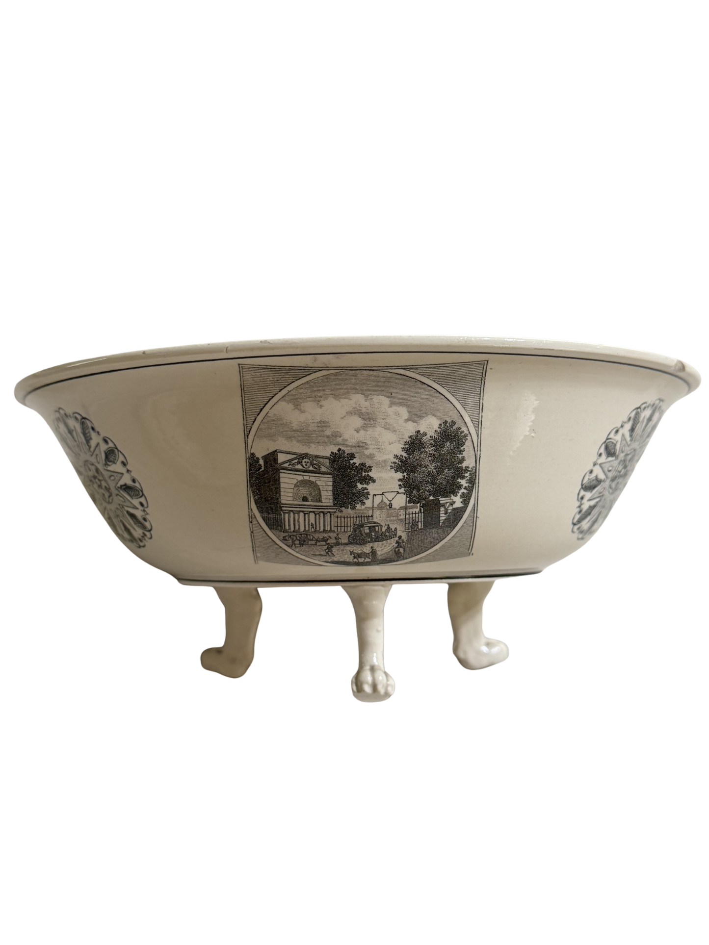 Rare Early 19th Century French Creil Black Transferware Footed Strainer | Pierced Creamware Colander