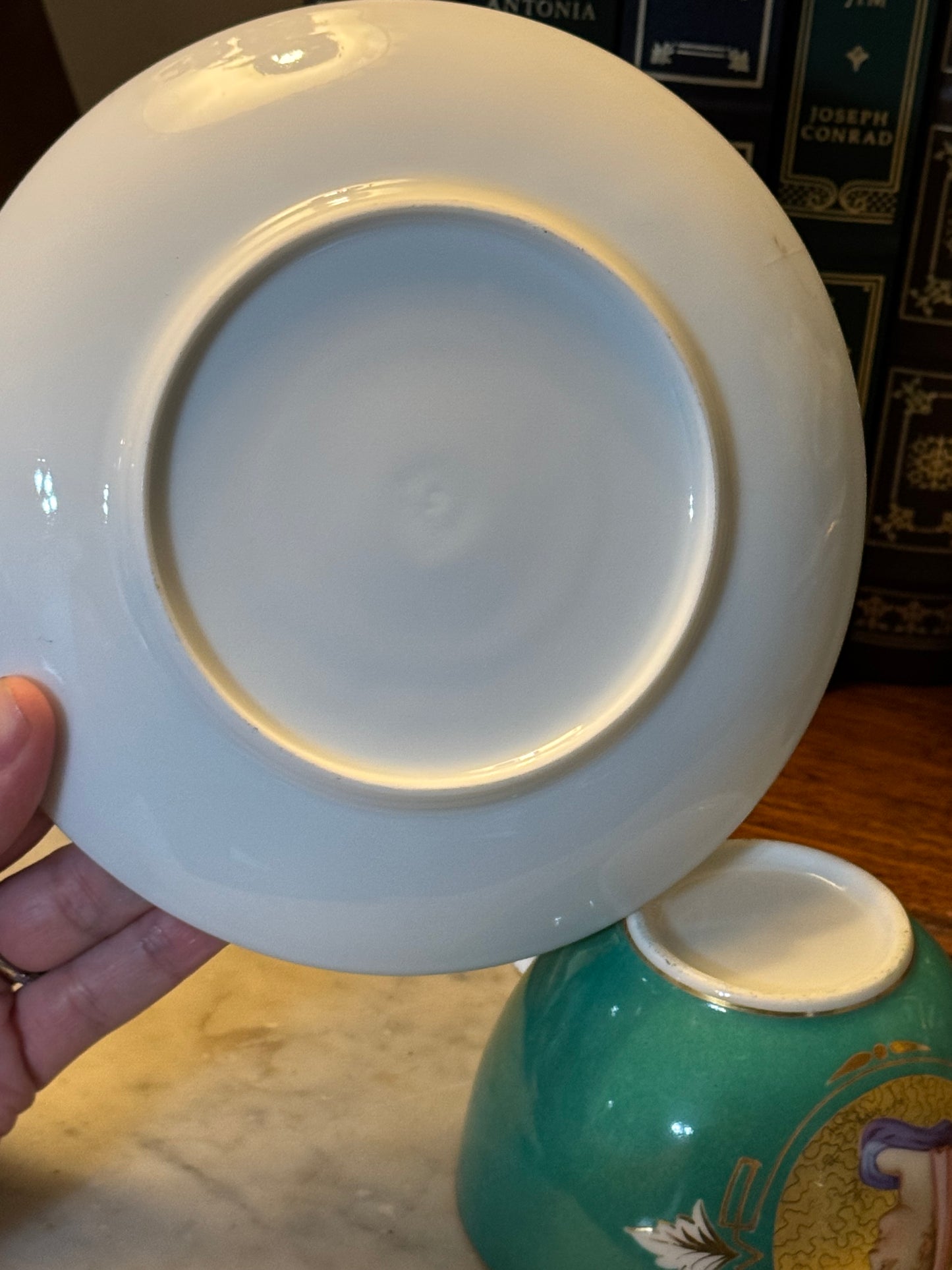 19th c. French Porcelain Green Ground Empire Portrait Cup and Saucer
