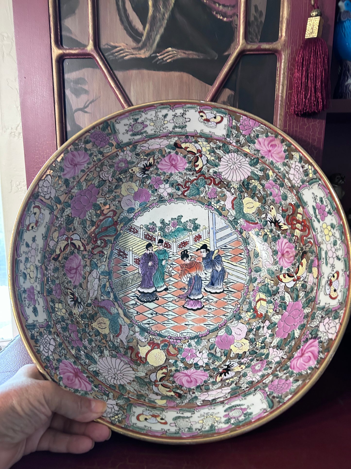 reserved Maria Rose Medallion Punch Bowl, Blue Chinoiserie jar, Pink Freshwater pear Necklace