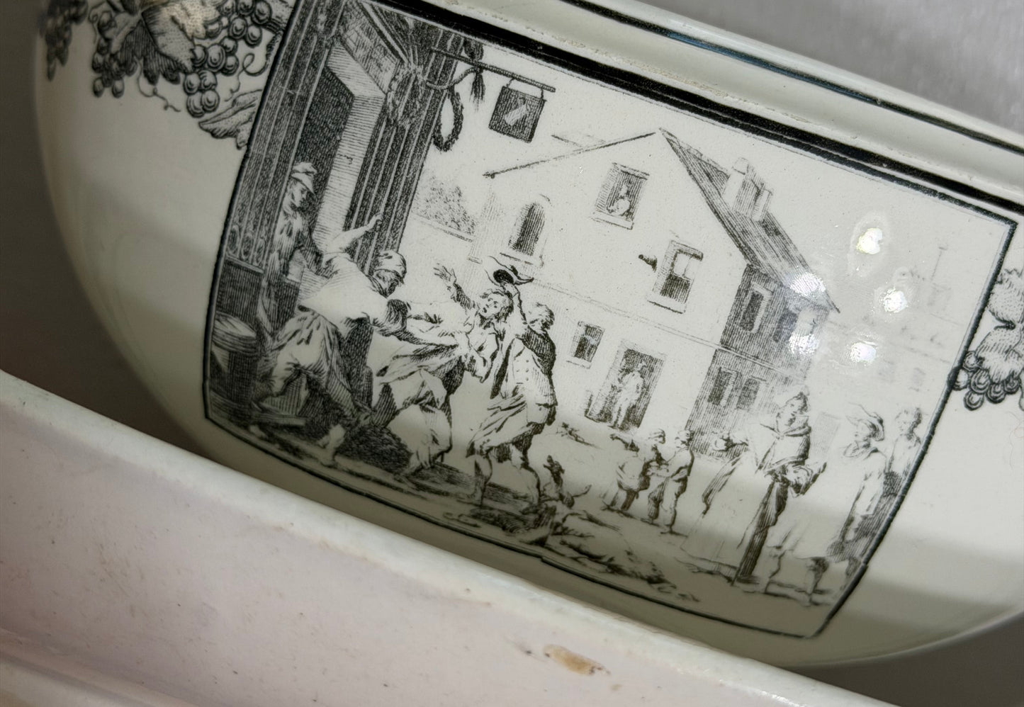 Antique French Creil Black Transferware Covered Sauce Tureen with Undertray, Genre Scenes, 10”