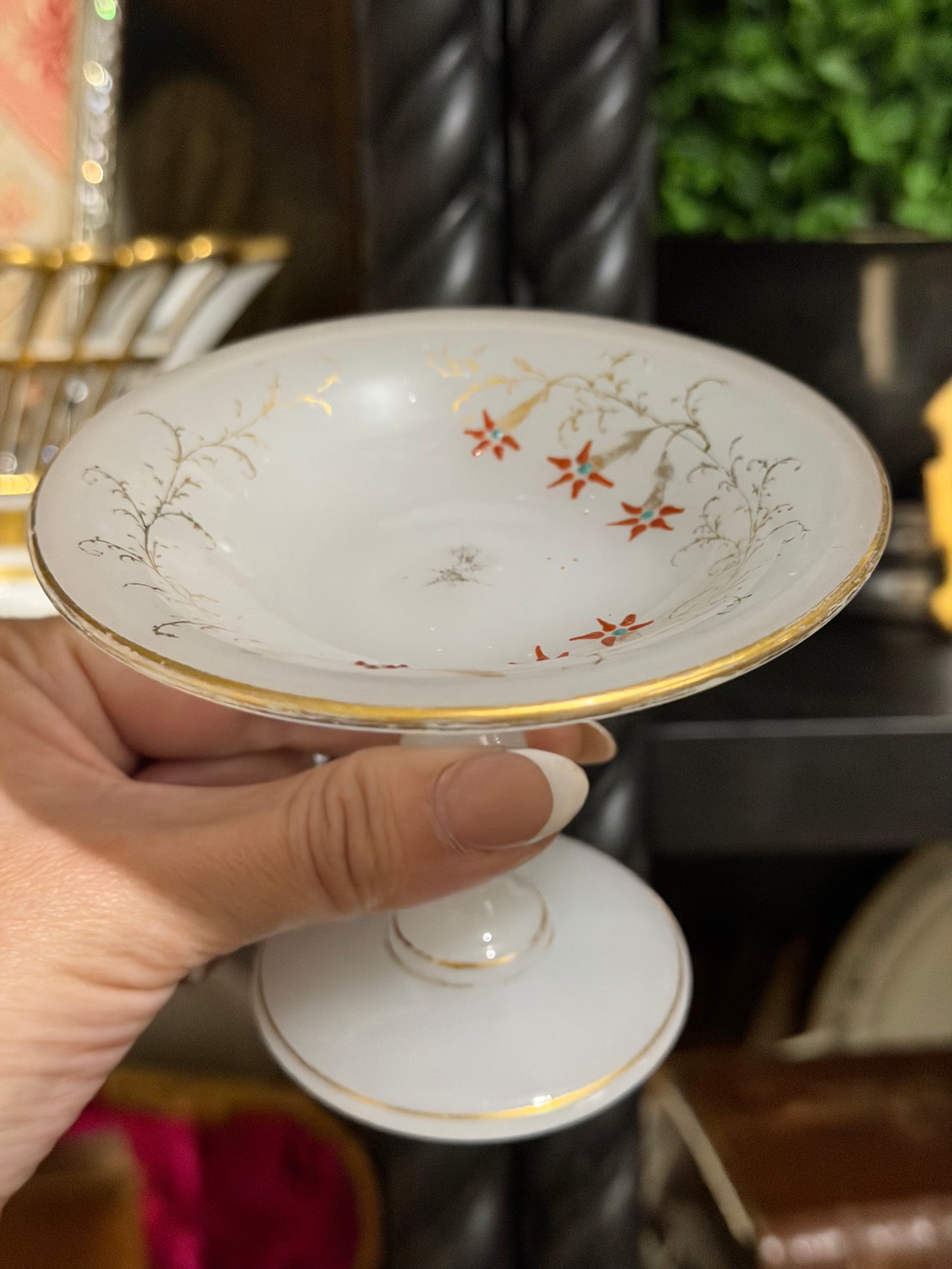 Reserved French White Opaline Tazza with Enamel Details
