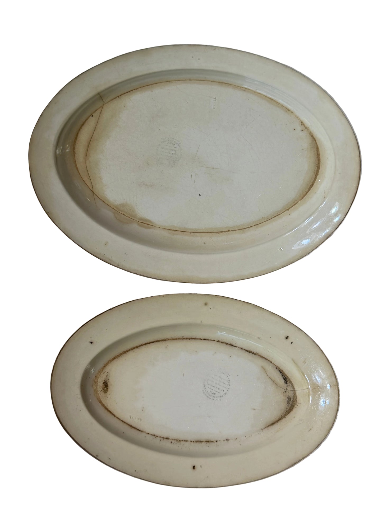 Pair of Antique French Creil Black Transferware Oval Platters, Hunt Scene & La Confidence, 12” & 9”