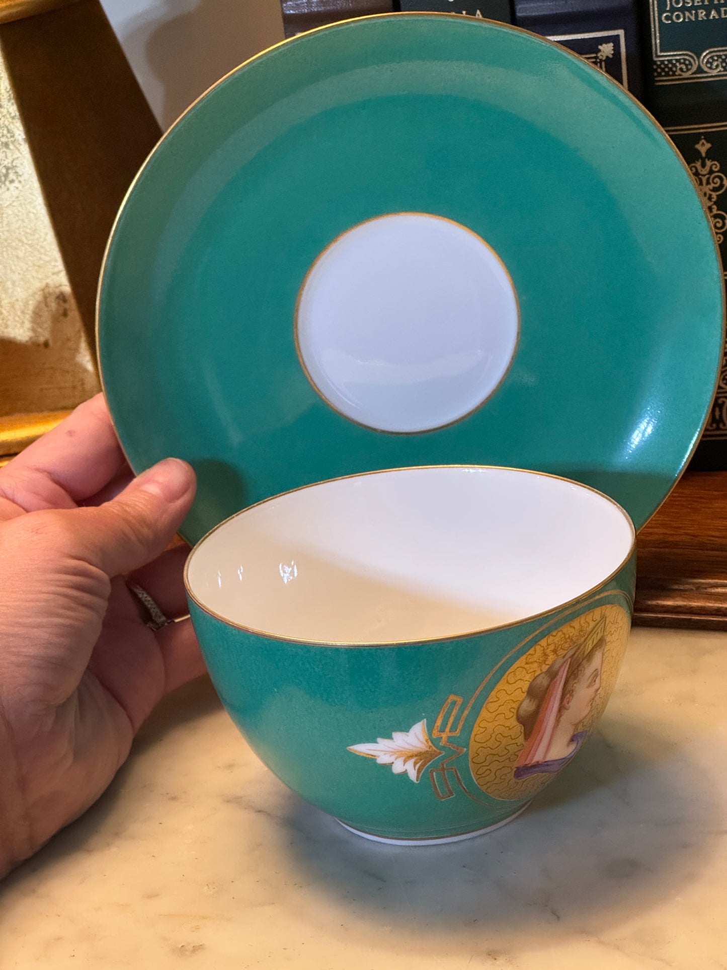 19th c. French Porcelain Green Ground Empire Portrait Cup and Saucer