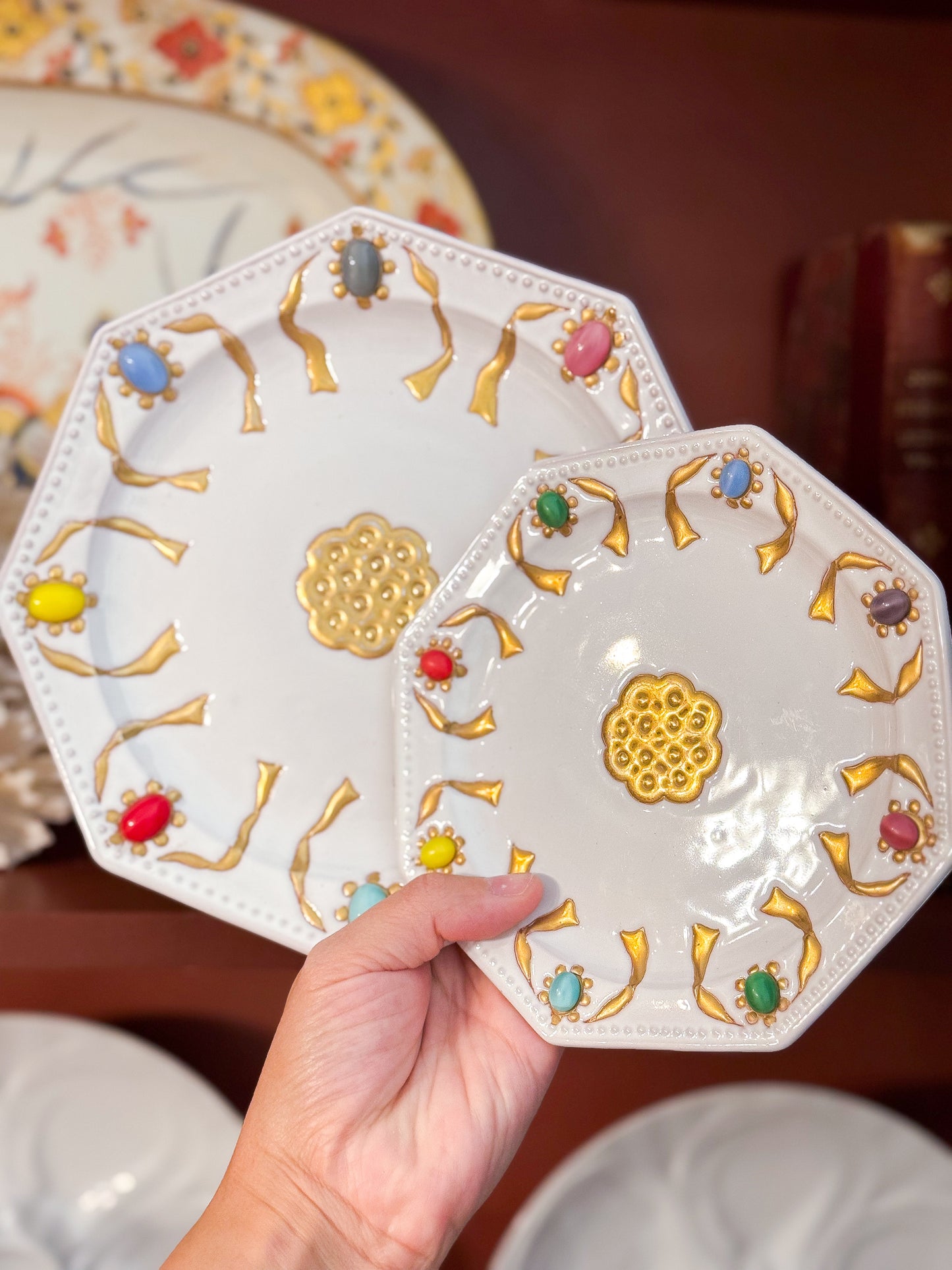 Vintage Italian Cabochon Rim and 22k Gold Painted Plates by Artist Carole Stupell