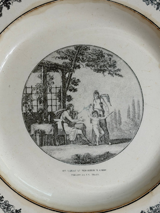 Antique French Creil Black Transferware Plate “On a Beau le Désarmer Il Garde Toujours un Trait,” 11”