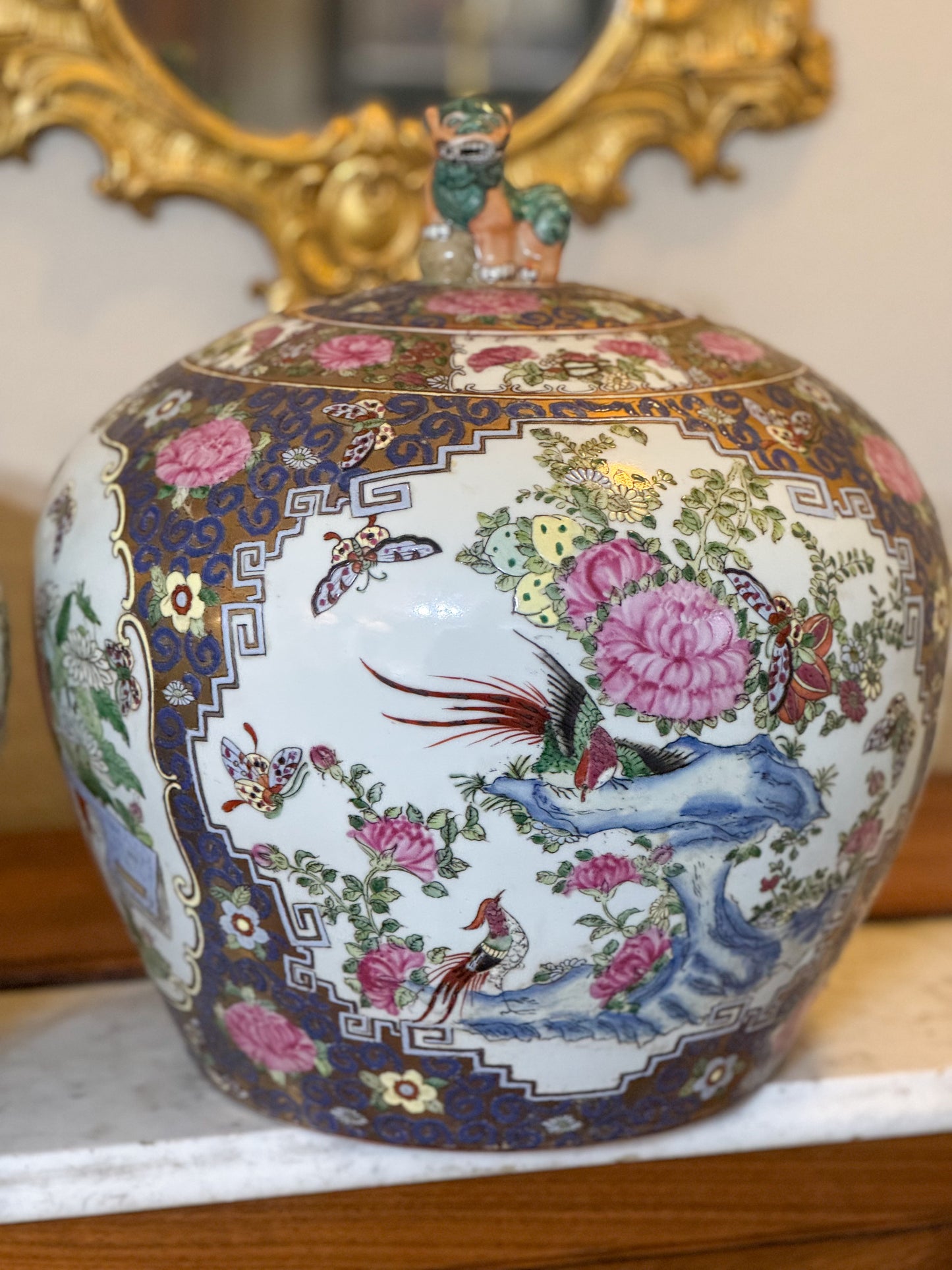 PAIR Monumental Vintage Chinese Porcelain Melon Jars with Foo Dog Handles
