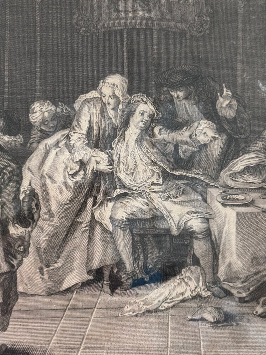 18th Century Engraving After William Hogarth, Gilt Frame with Blue Mat
