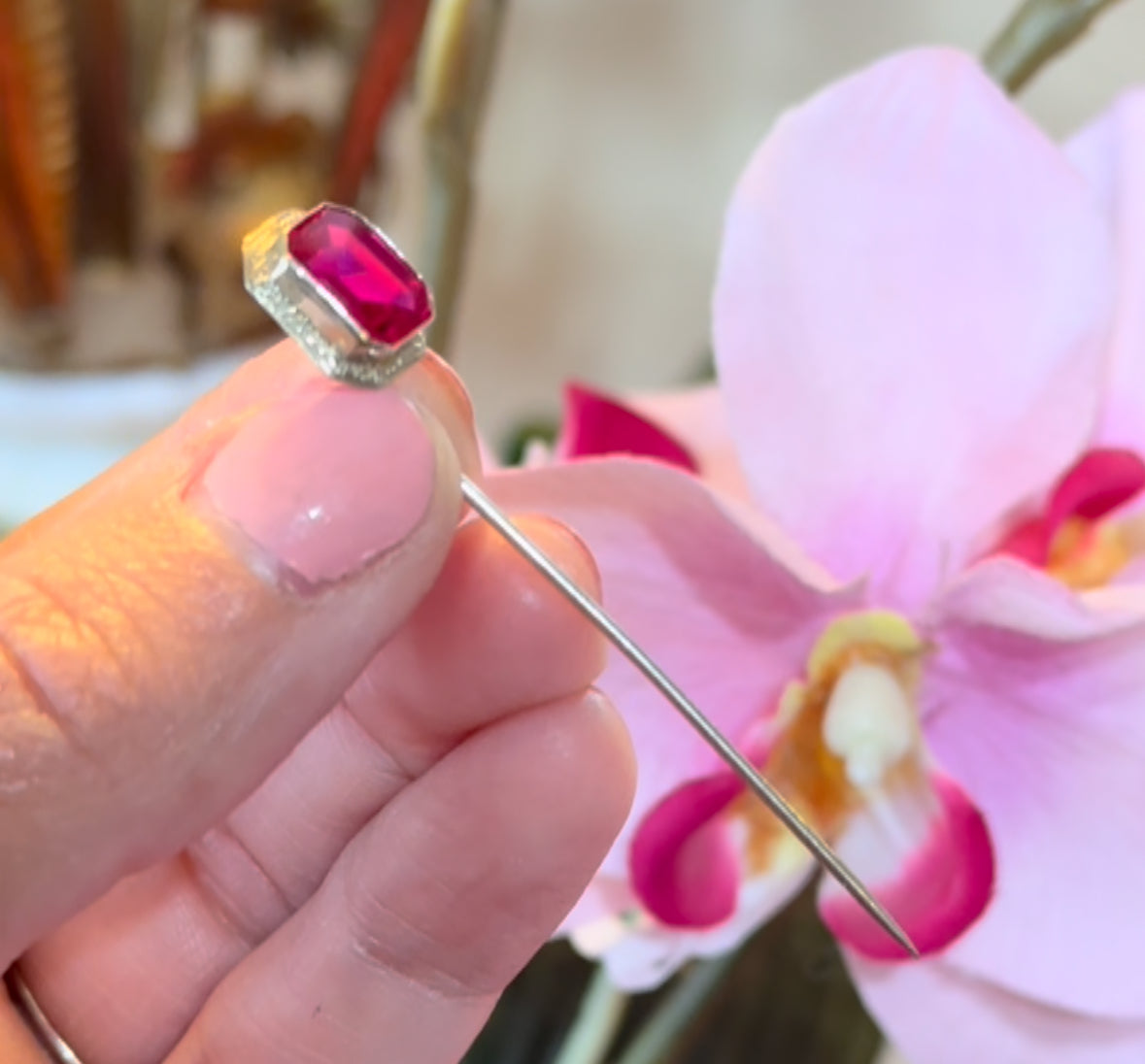 Reserved Theresa 10k White Gold and Ruby Hat Pin