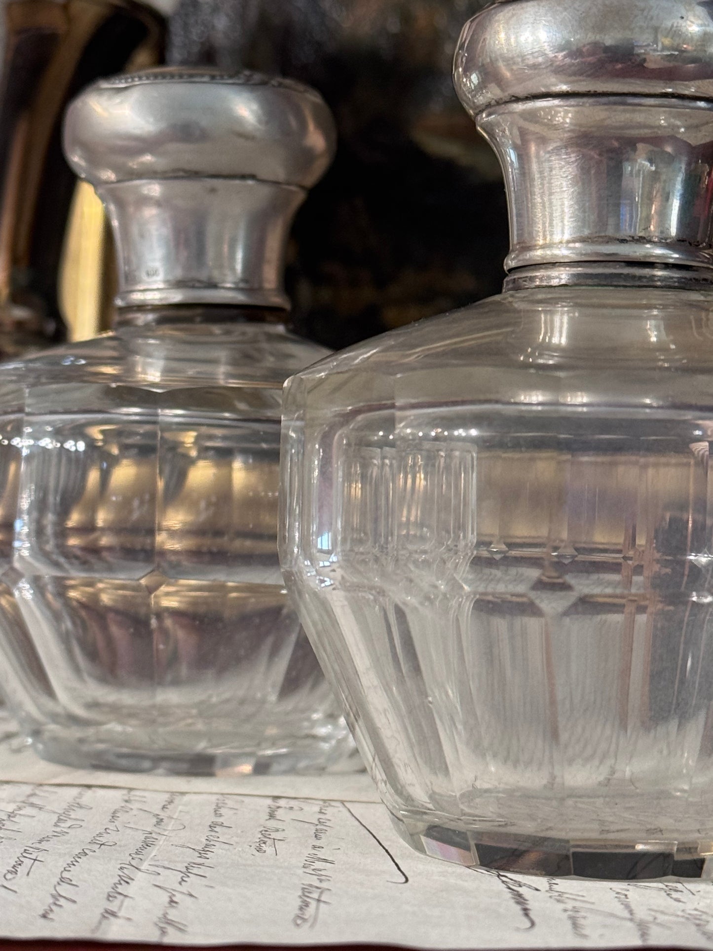 Antique Cut Glass Vanity Bottles with Continental 800 Silver Tops, Pair