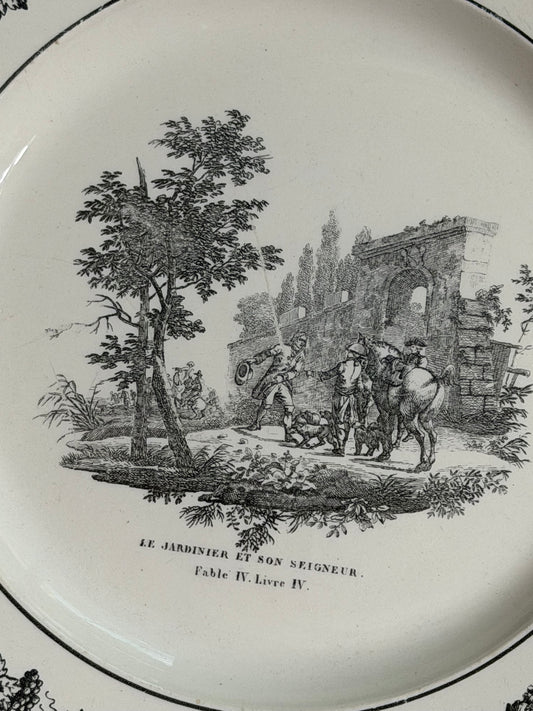 19th Century French Black Transferware Fable Plate “Le Jardinier et son Seigneur” | 8.25”