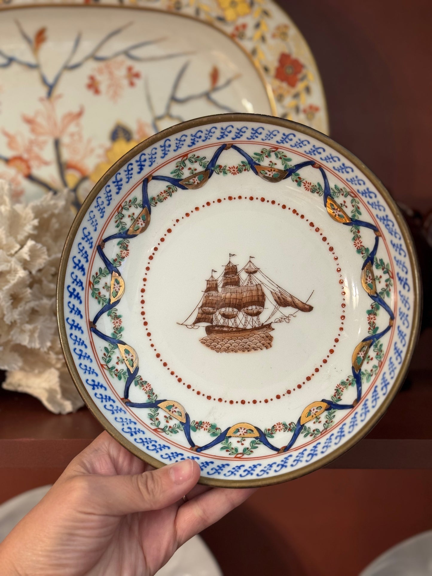 Reserved Vintage Brass Cased Hand Painted Ships Bowl