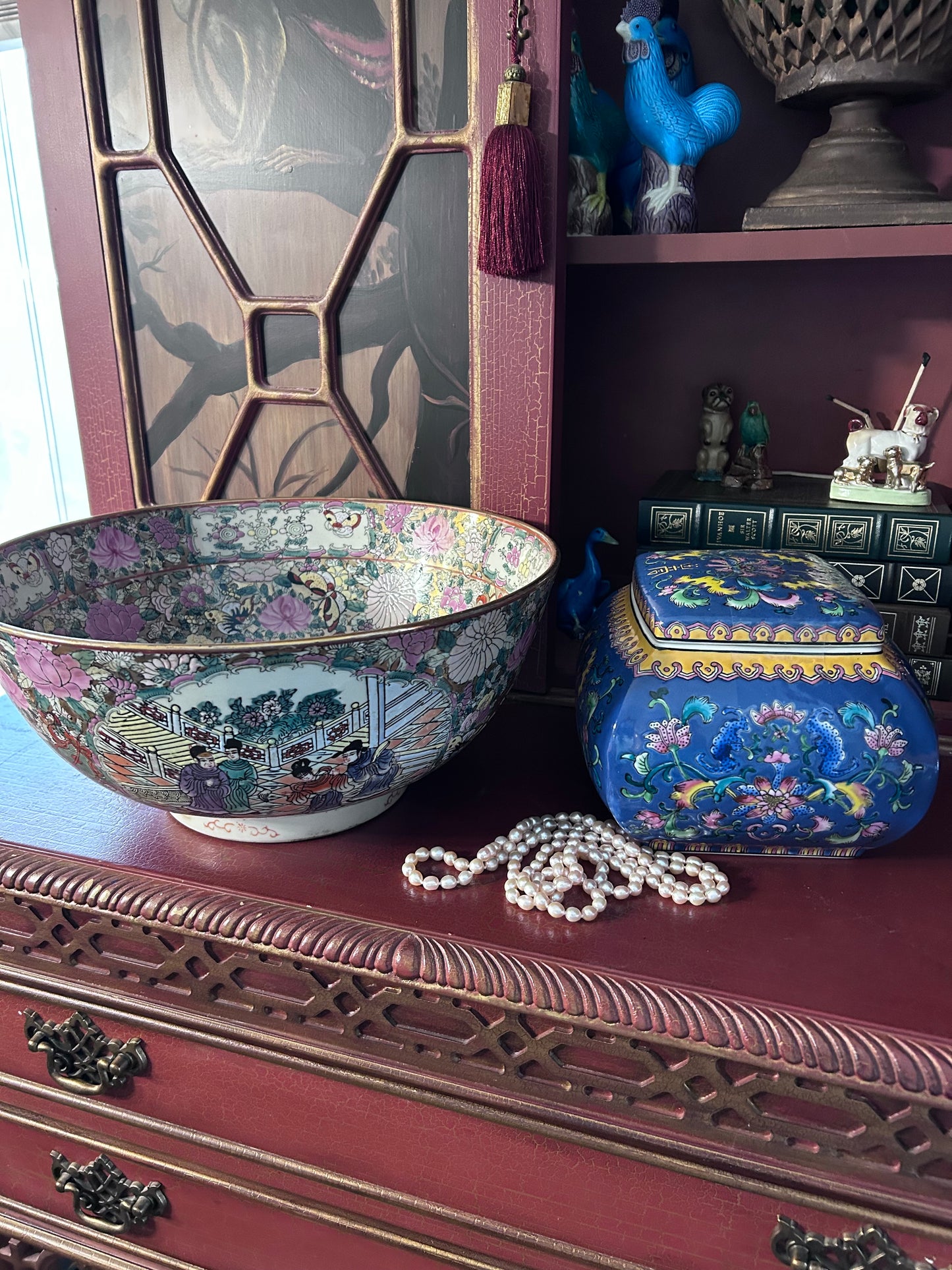 reserved Maria Rose Medallion Punch Bowl, Blue Chinoiserie jar, Pink Freshwater pear Necklace