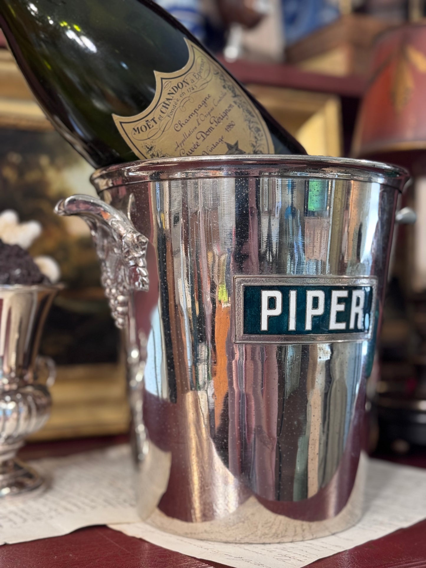 French Piper Heidsieck Champagne Bucket from Reims with Grape Motif Handles 9.5”