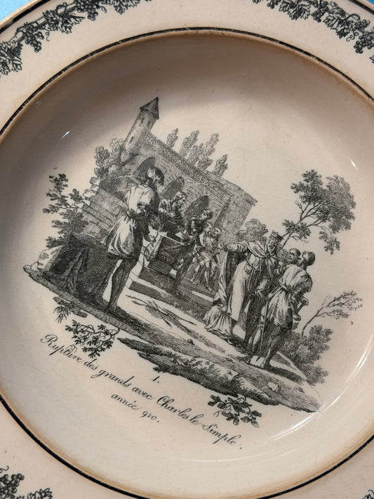 Early 19th Century French Creil Creamware Transferware Shallow Bowl | Rupture des Grands avec Charles le Simple