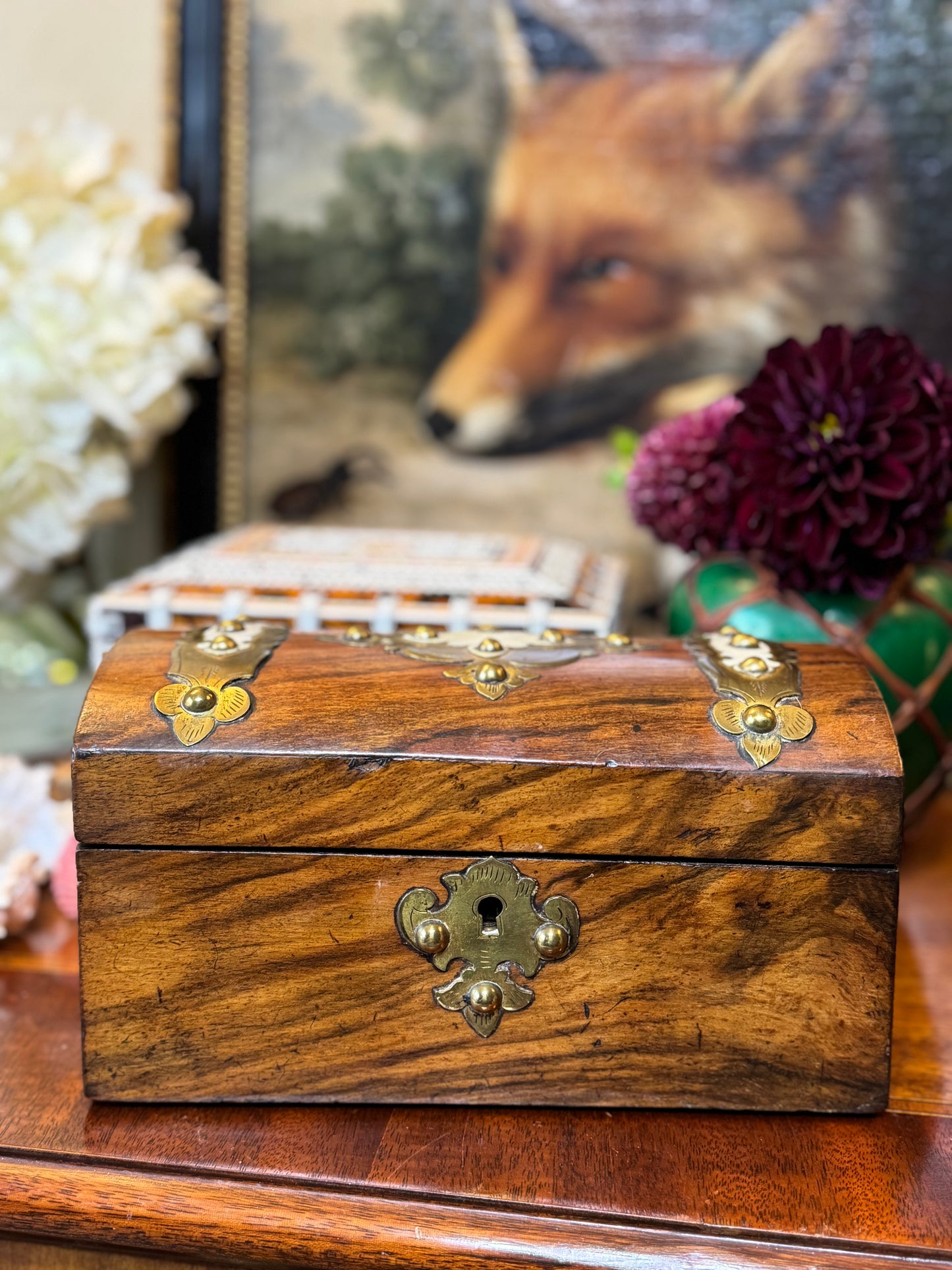 Antique 19th Century Dome-Top Box with Bone & Brass Fixtures