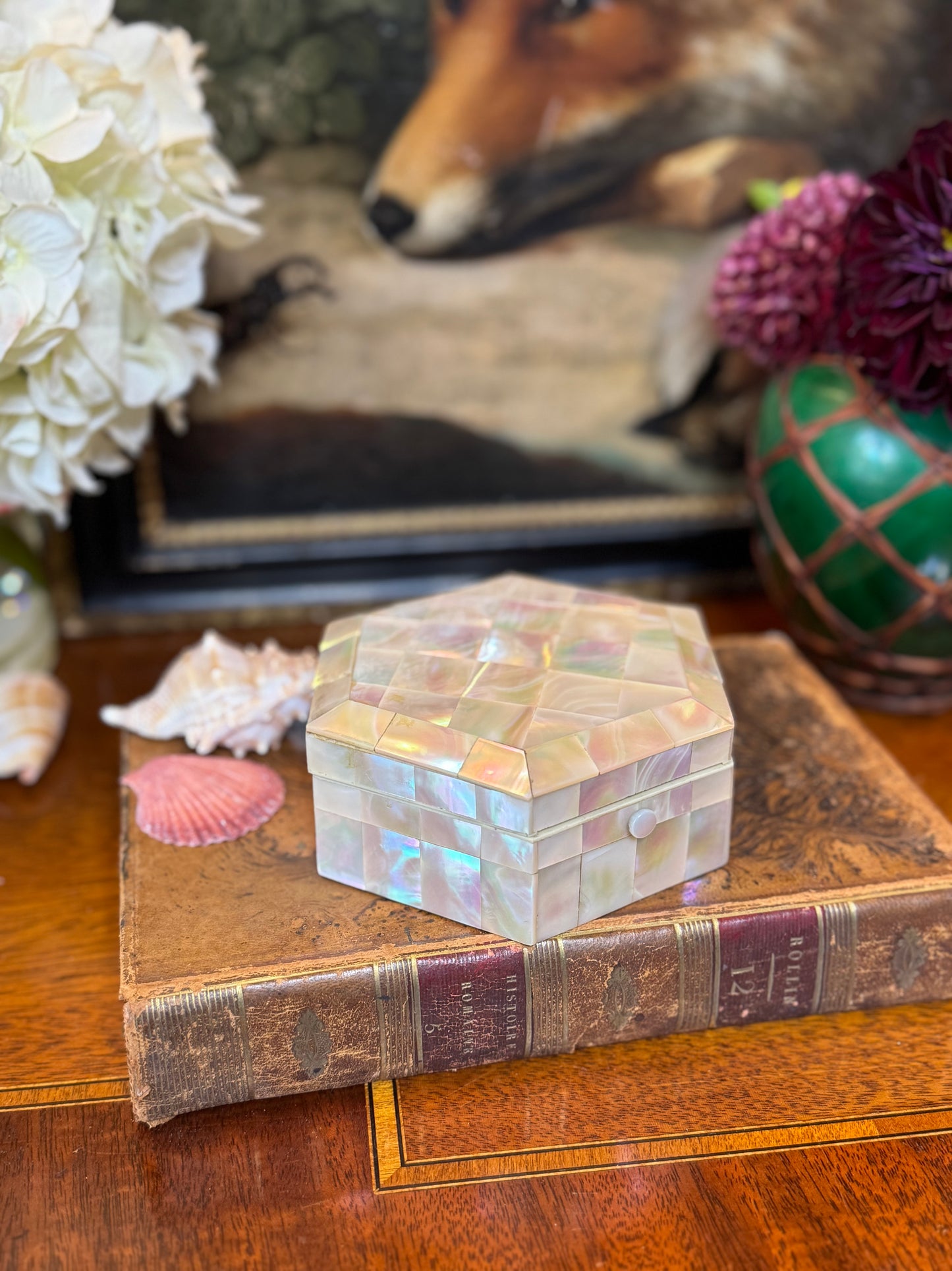 Mother-of-Pearl Box with Plum Silk Lining