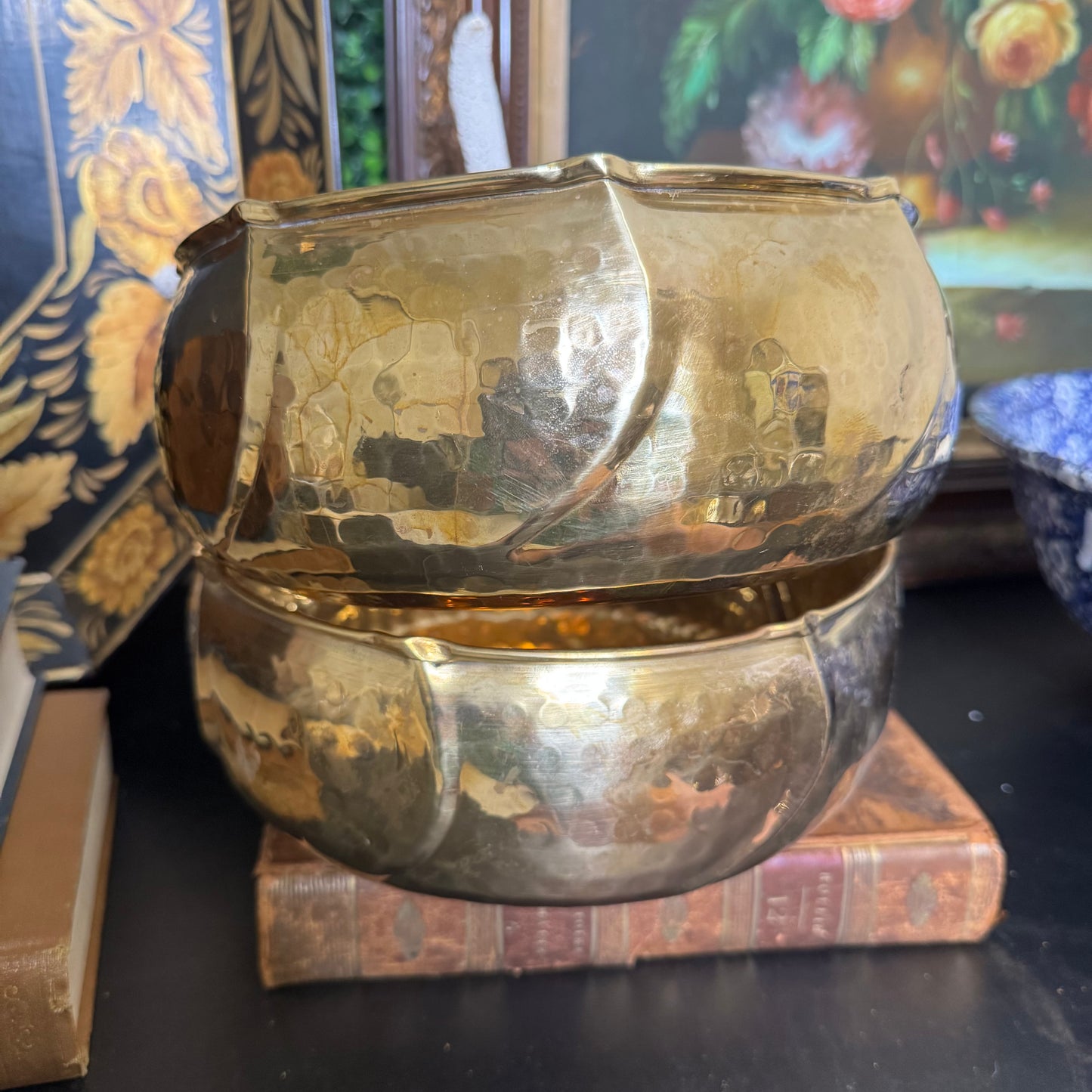 Reserved Pair of Hammered Brass Planters, Georgian Era Wooden English Tea Caddy