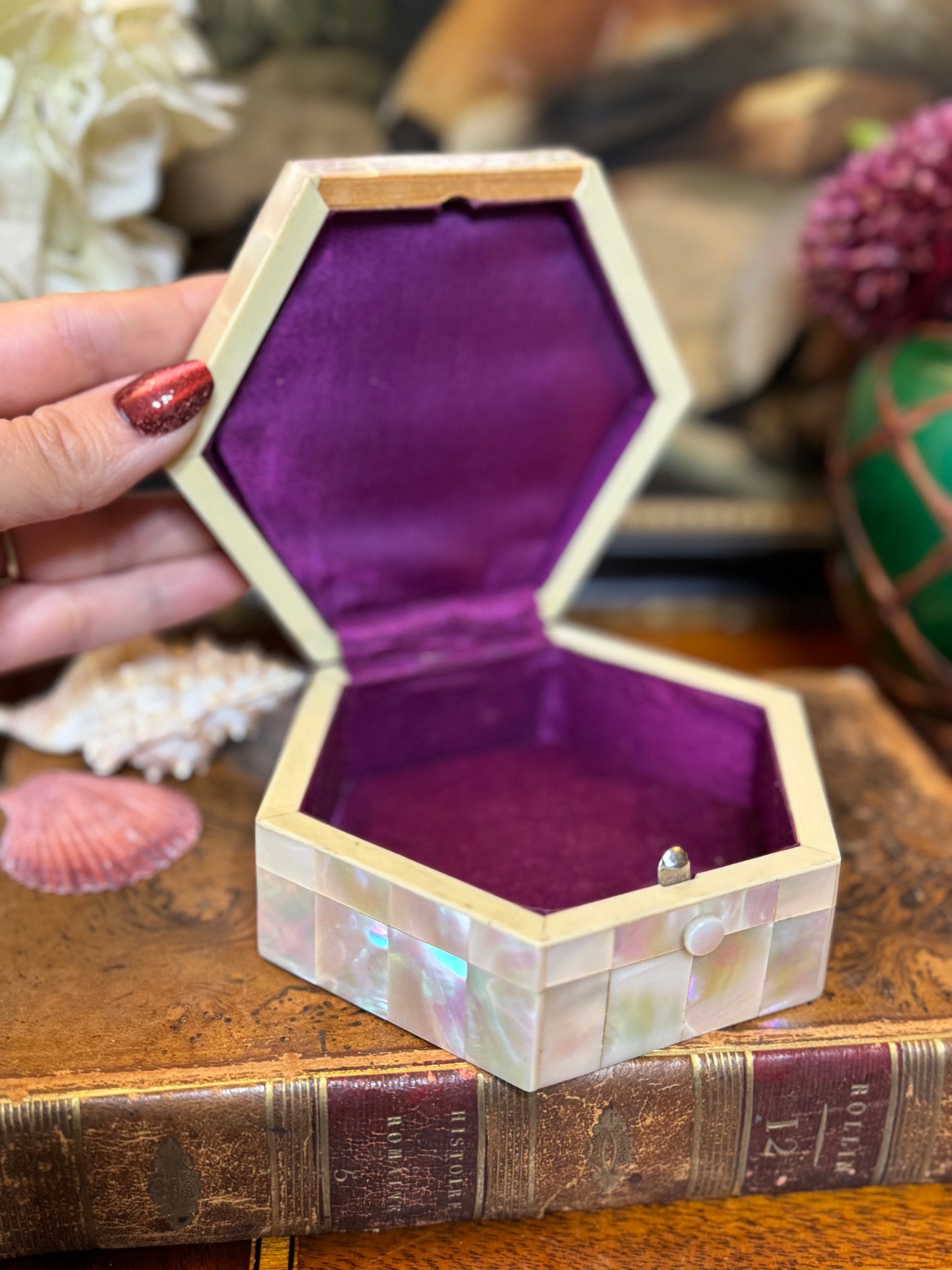 Mother-of-Pearl Box with Plum Silk Lining