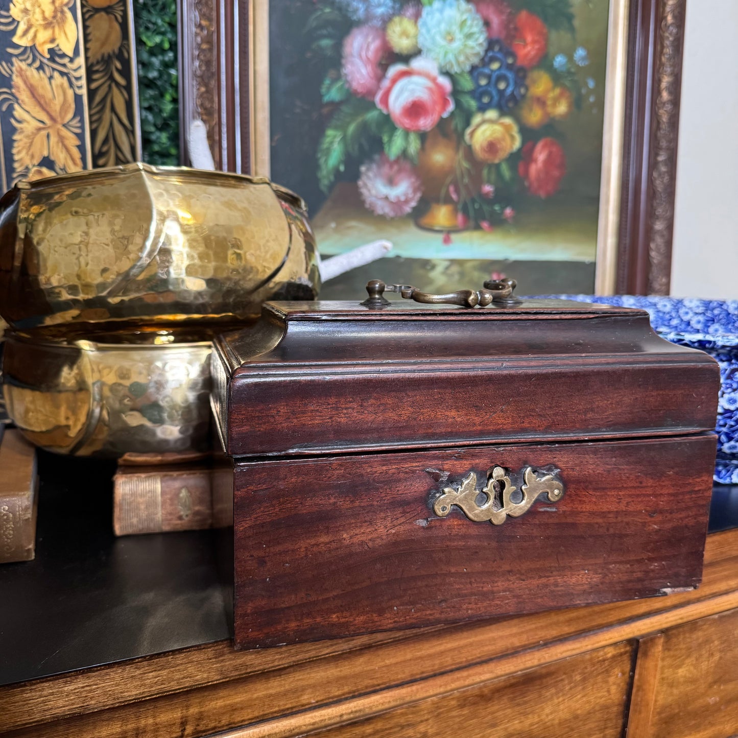 Reserved Pair of Hammered Brass Planters, Georgian Era Wooden English Tea Caddy