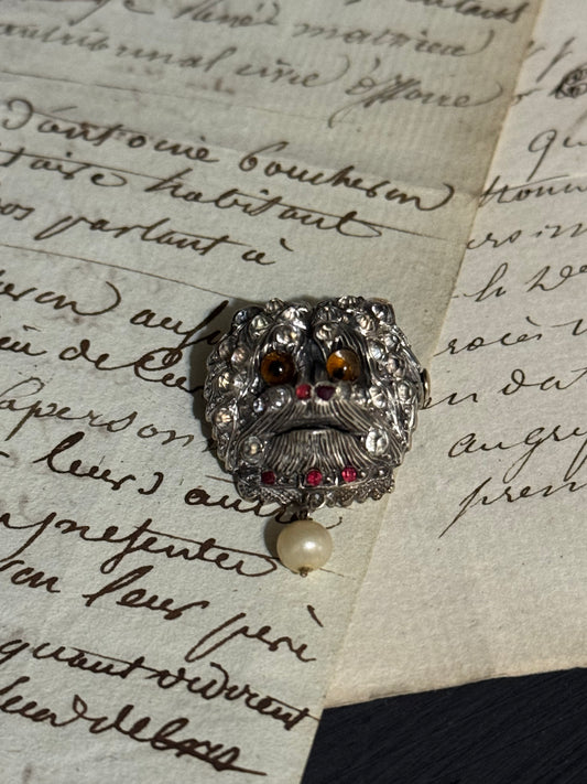 19th Century French Sterling Silver and Crystal Dog Brooch