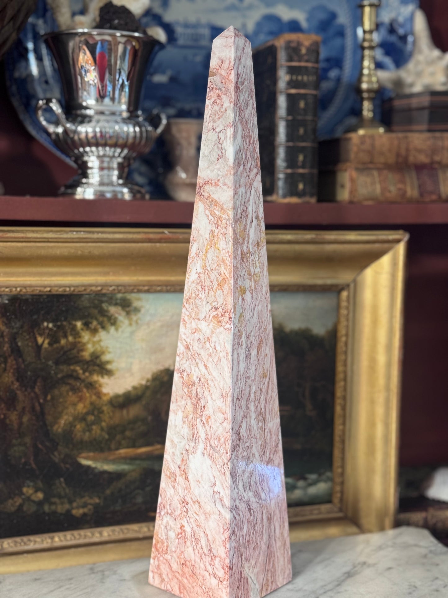 Tall Pink Marble Obelisk 16” Architectural Stone Accent