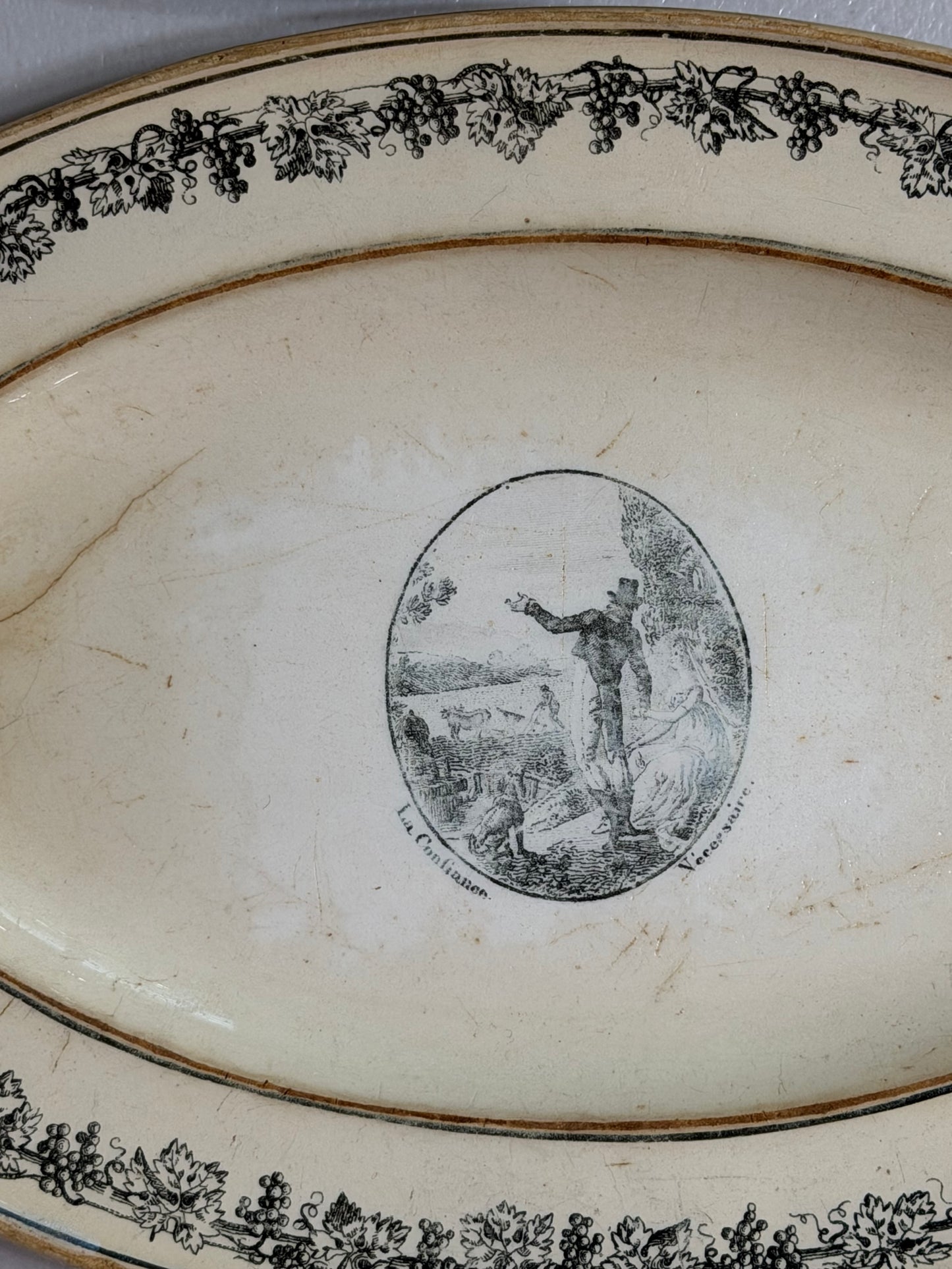 Pair of Antique French Creil Black Transferware Oval Platters, Hunt Scene & La Confidence, 12” & 9”