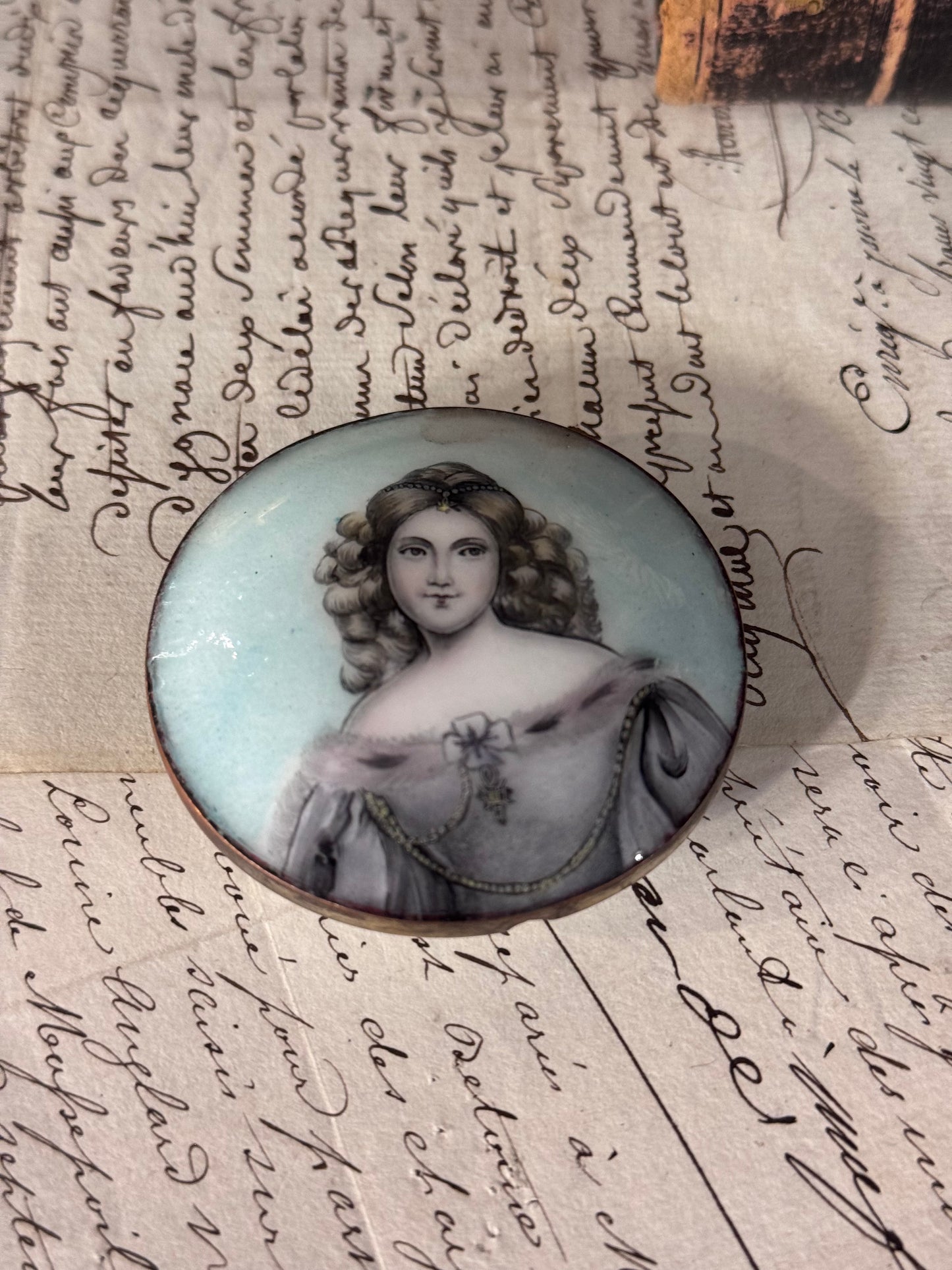 Hand Painted French Enamel Portrait Miniature 2.25”