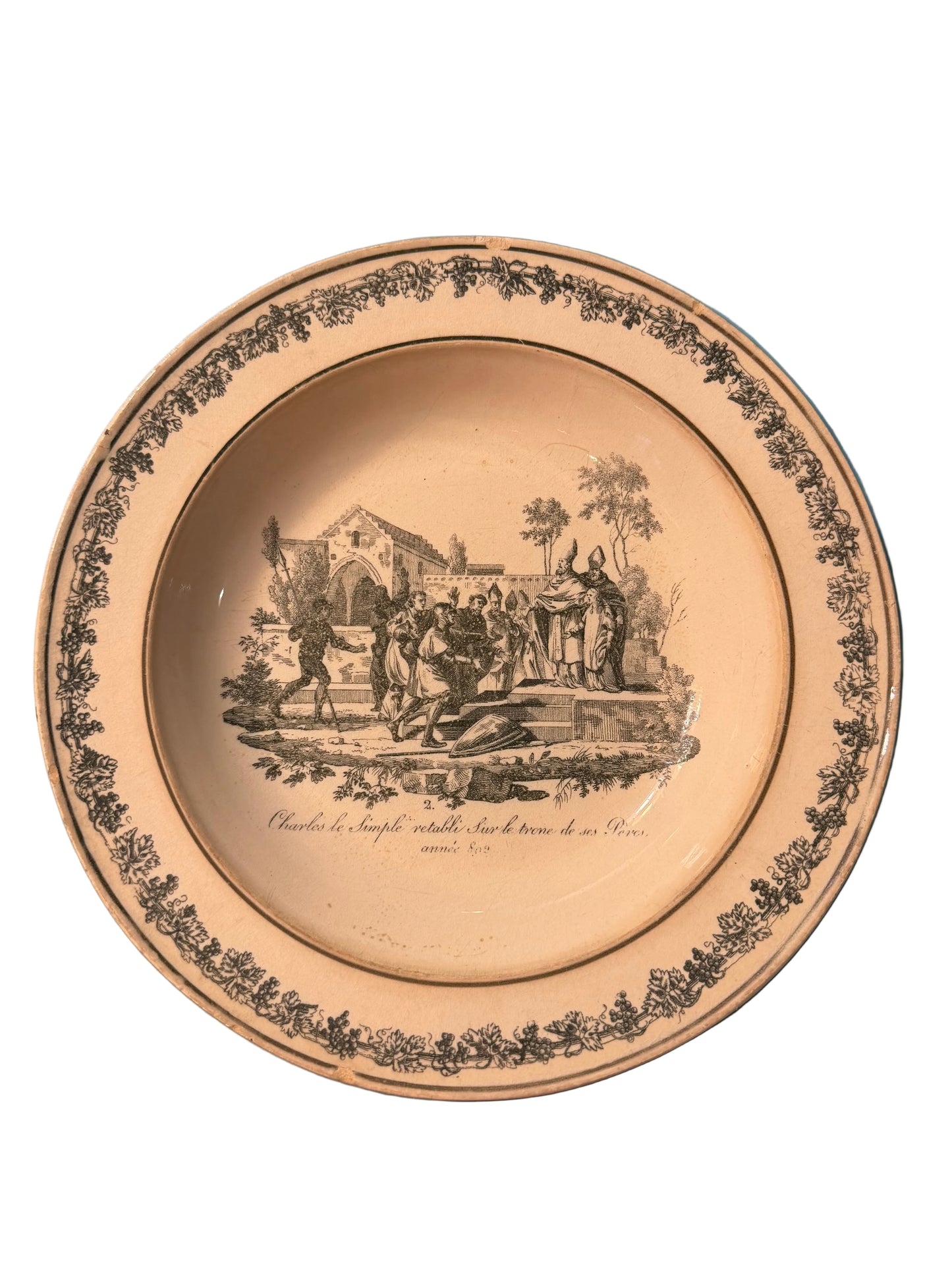 Early 19th Century French Creil Creamware Transferware Shallow Bowl | Charles le Simple Rétabli sur le Trône de ses Pères