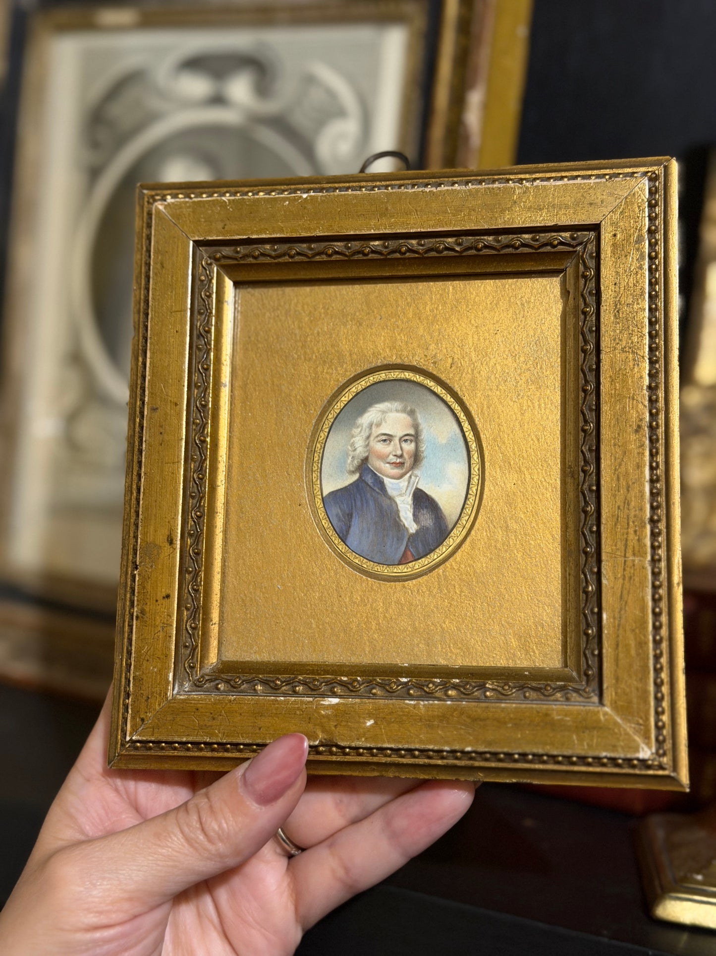 Early 18th Century French Court Gentleman Portrait Miniature in Gilt Frame