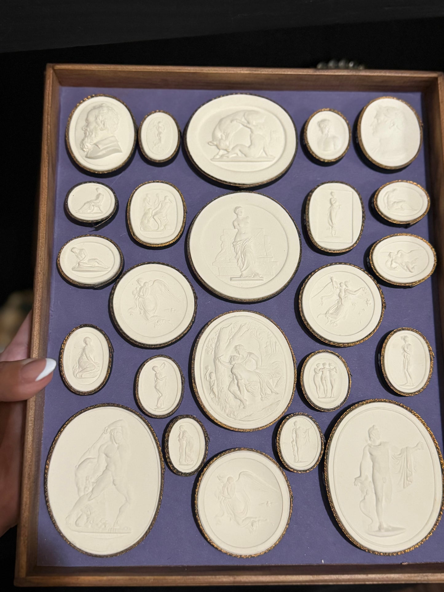 Reserved 19th c French Alabaster Pocket Watch Holder, 2 Trays Intaglios, Bronzed Intaglio of Cherubs, Tortoise Box