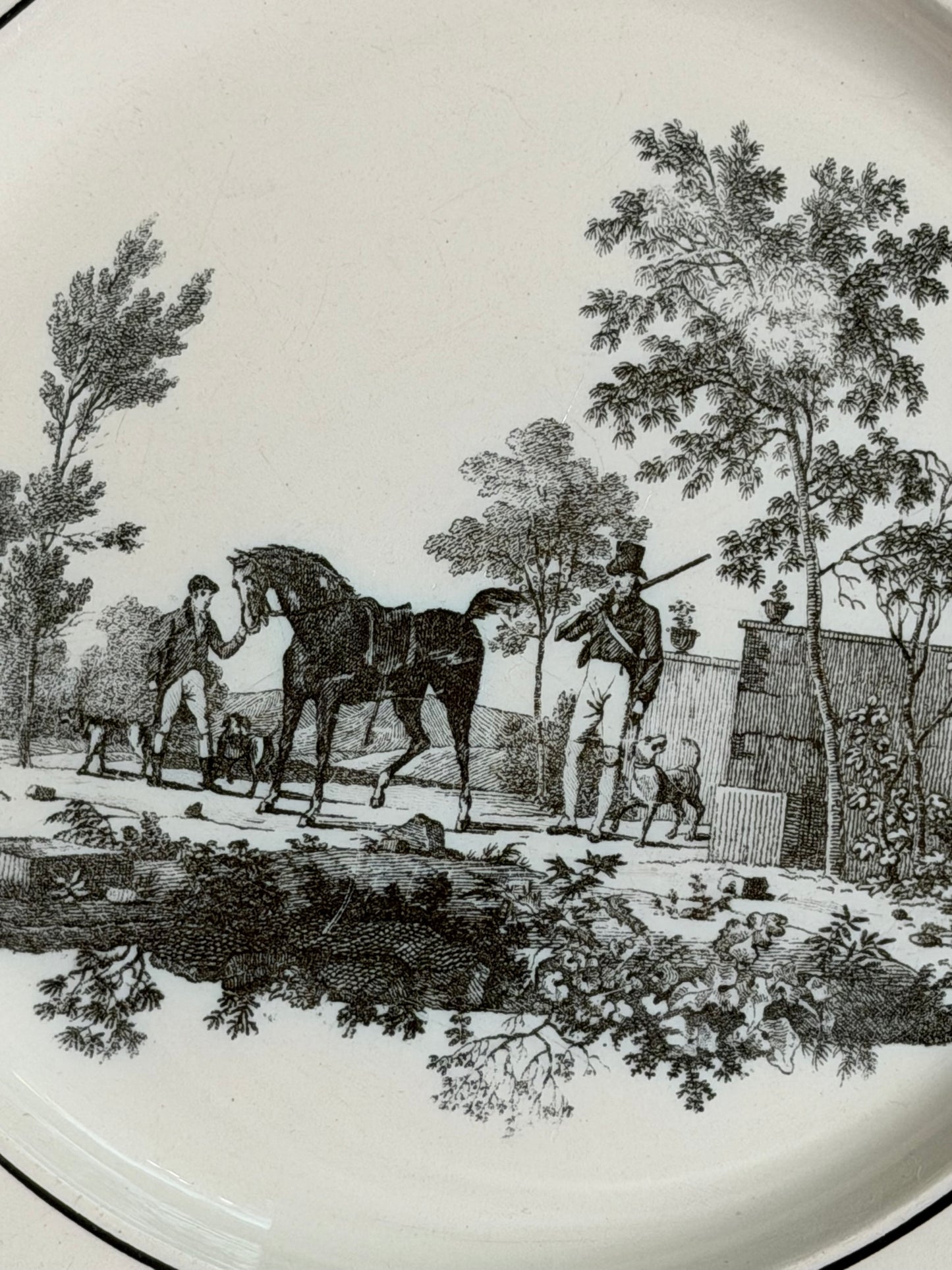 Antique French Creil Black Transferware Hunt Scene Plate with Hunters & Horse, 8.25”