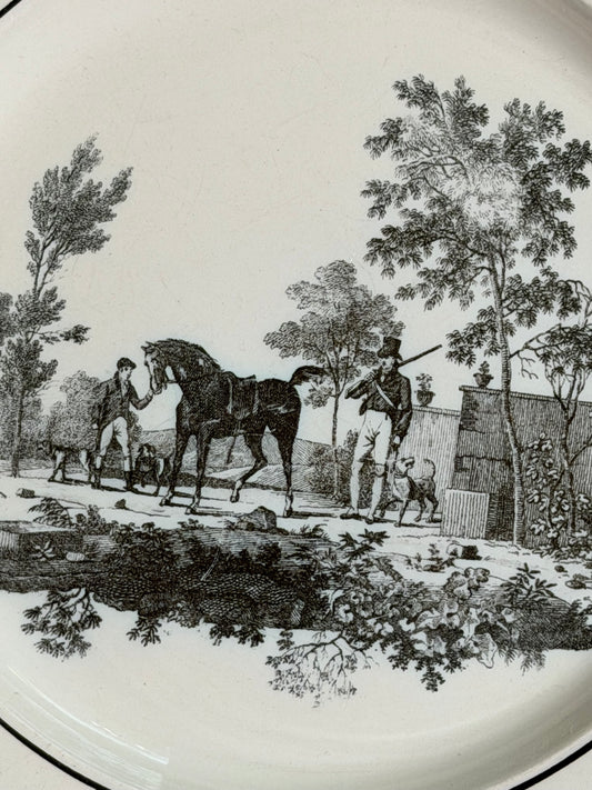 Antique French Creil Black Transferware Hunt Scene Plate with Hunters & Horse, 8.25”