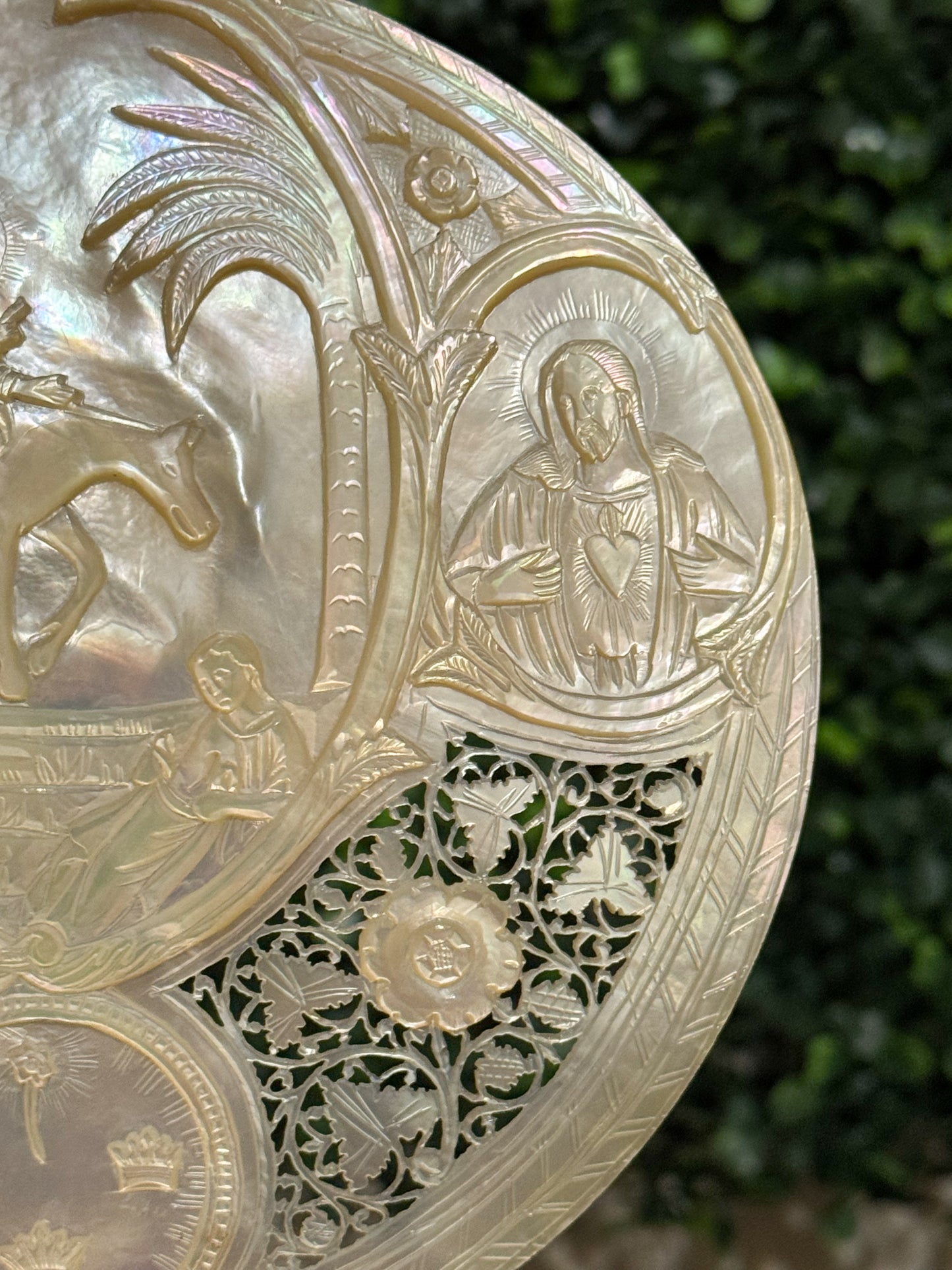 19th Century Intensely Carved Mother of Pearl Religious Devotional Shell