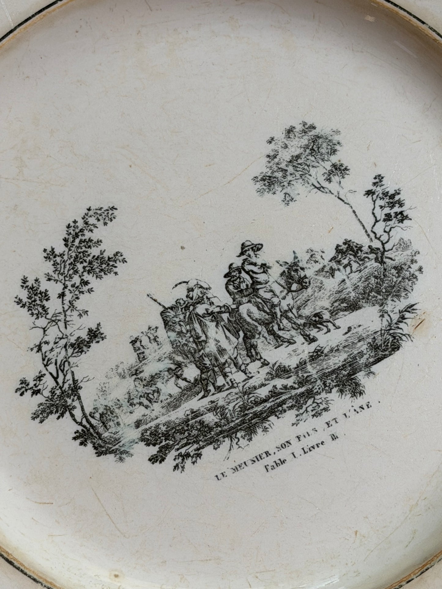 Set of Three Early 19th Century French Creil Black Transferware Fable Plates | 9.25"