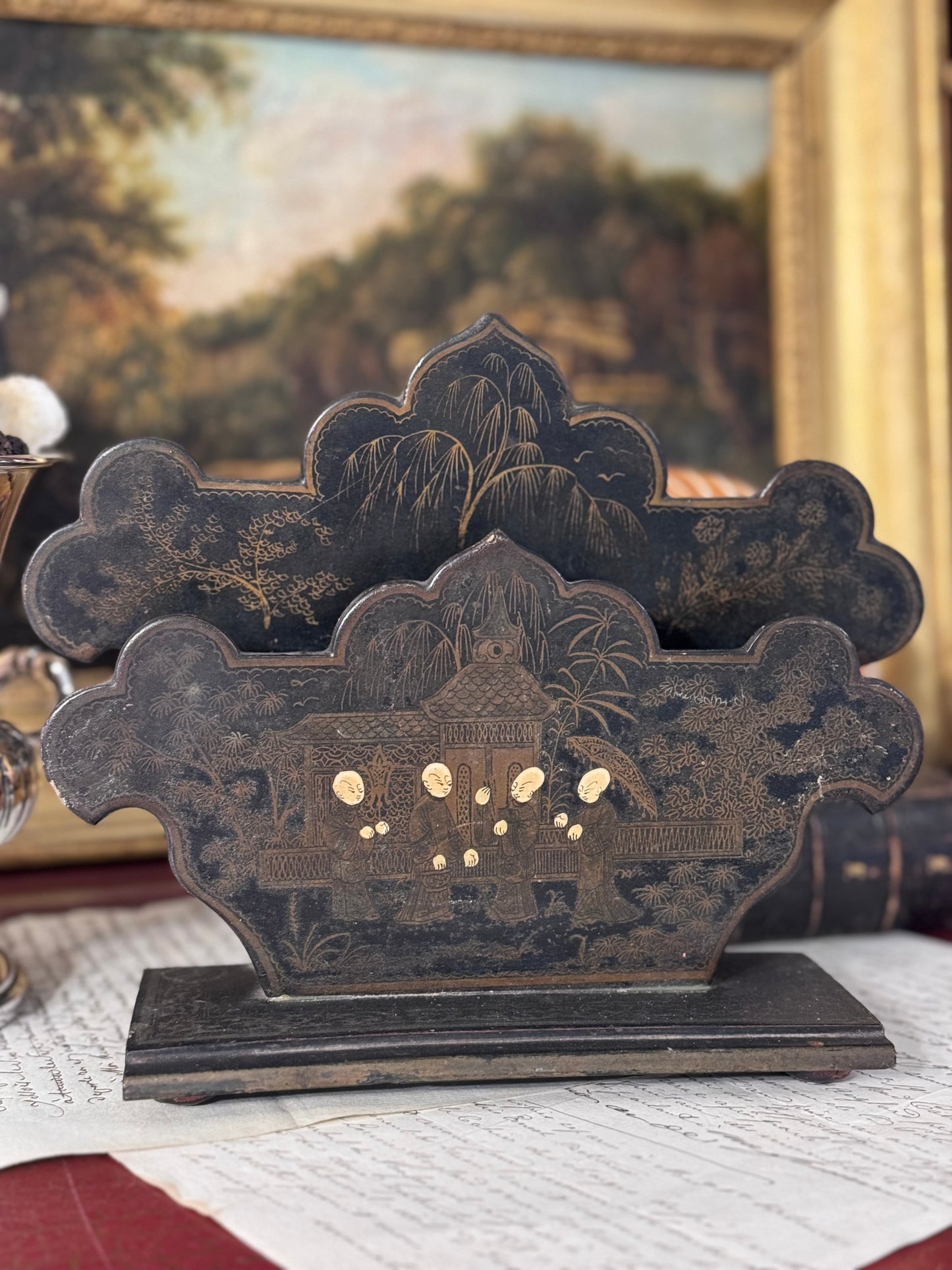 Antique Chinoiserie Papier Mâché Letter Stand with Gilt Details