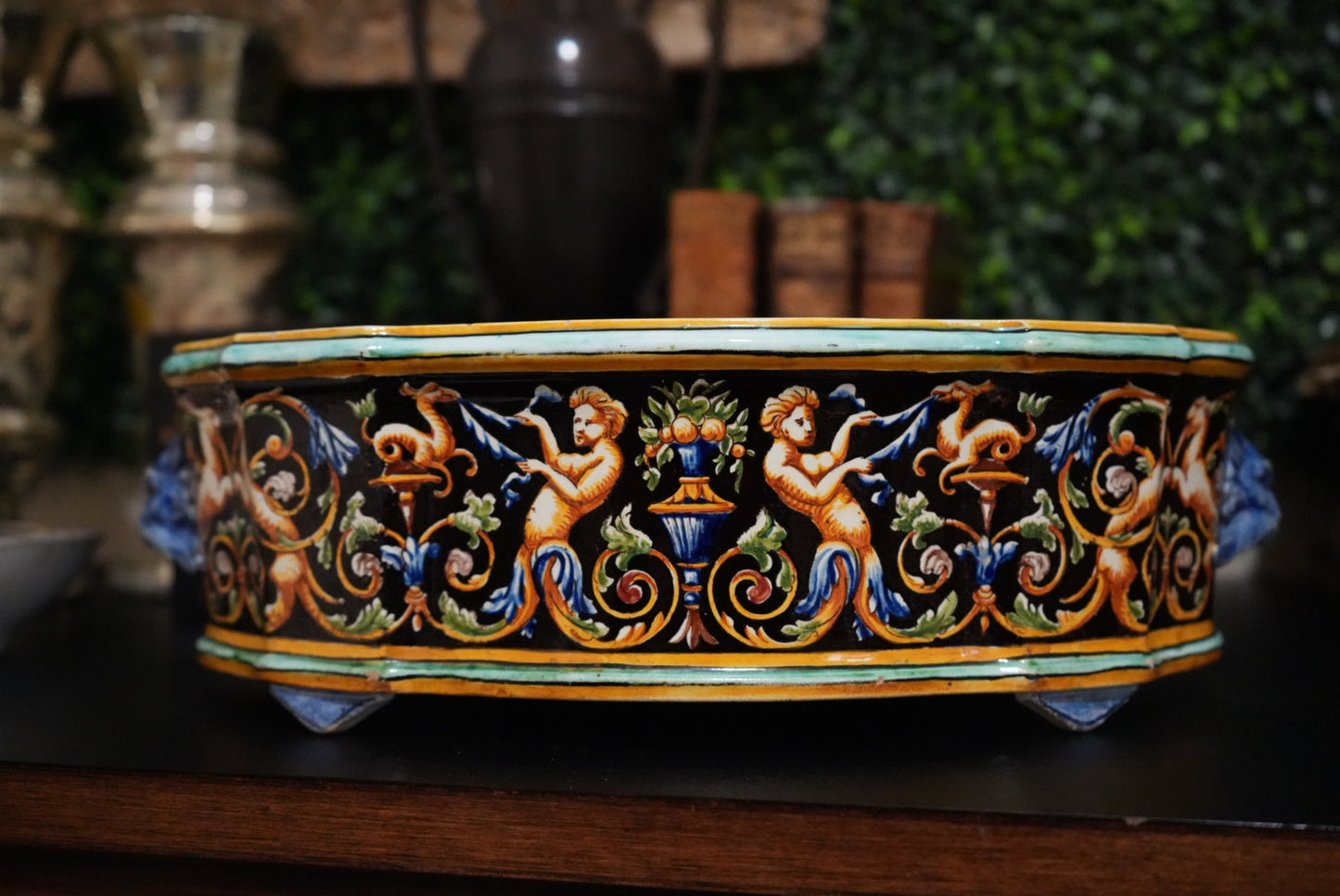 19th c. French Gien Faience Jardinière Hand Painted Renaissance Revival Design