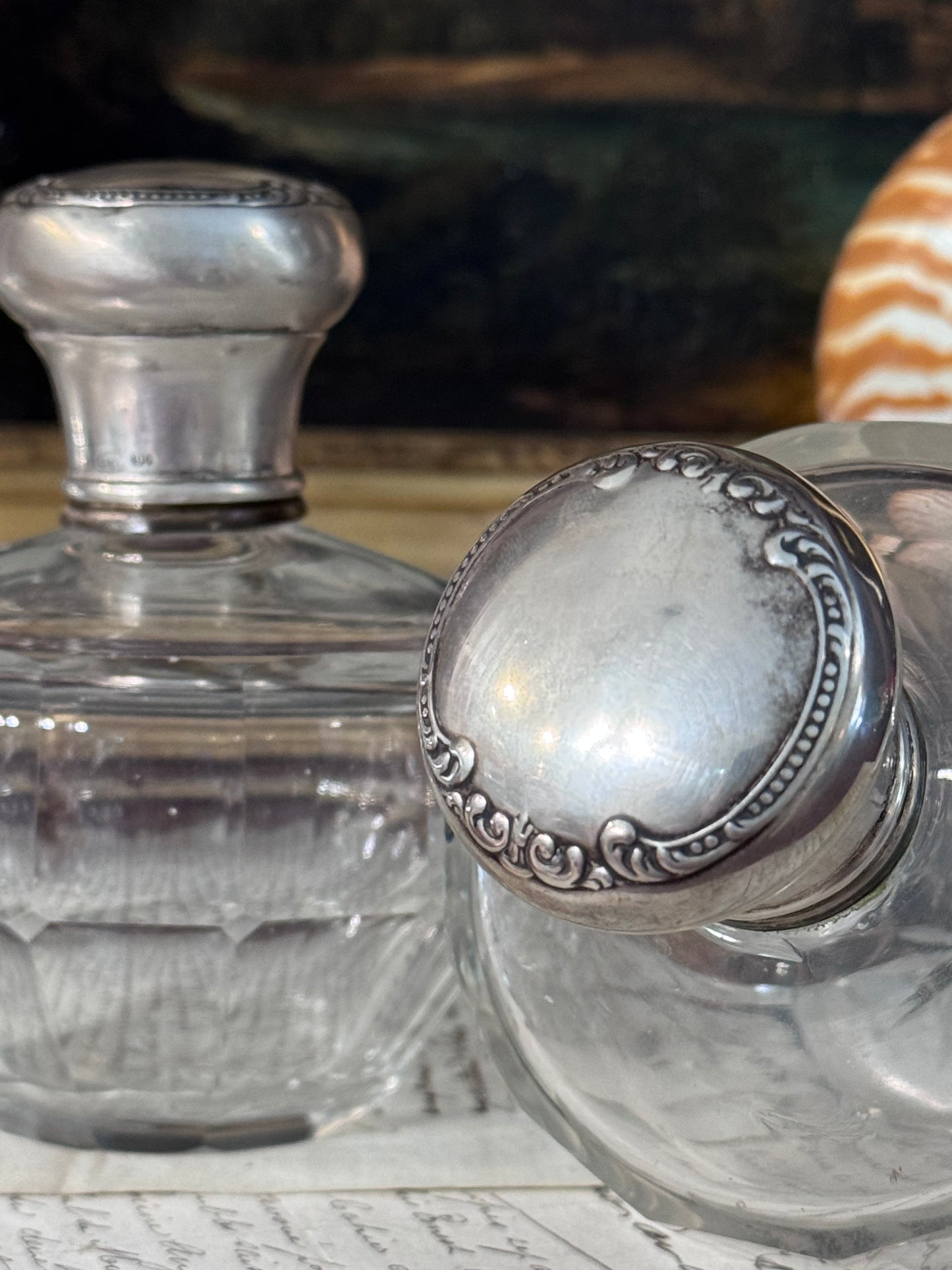Antique Cut Glass Vanity Bottles with Continental 800 Silver Tops, Pair