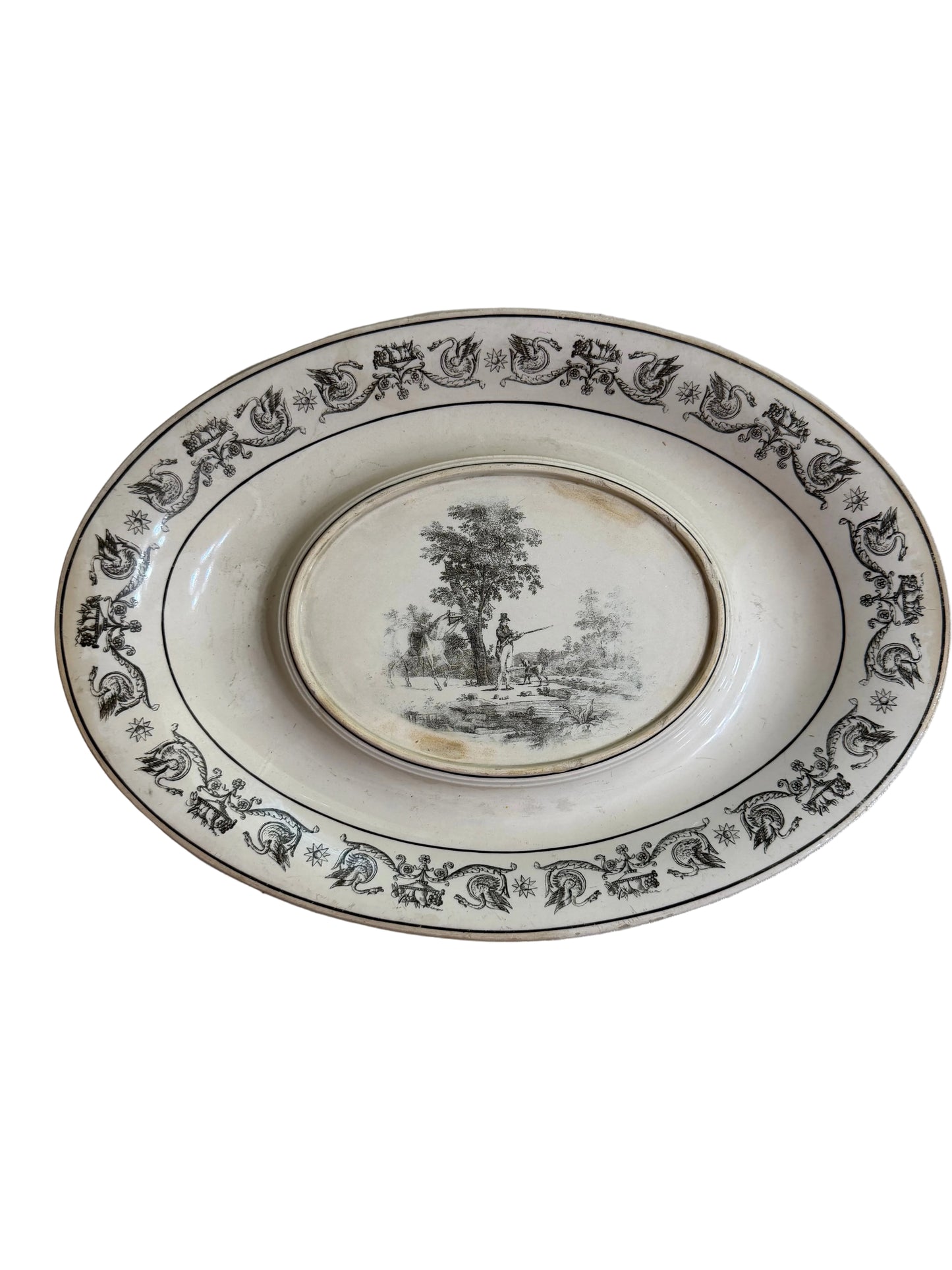 Rare Early 19th Century French Creil Hunt Scene Tureen with Original Undertray | Black Transferware