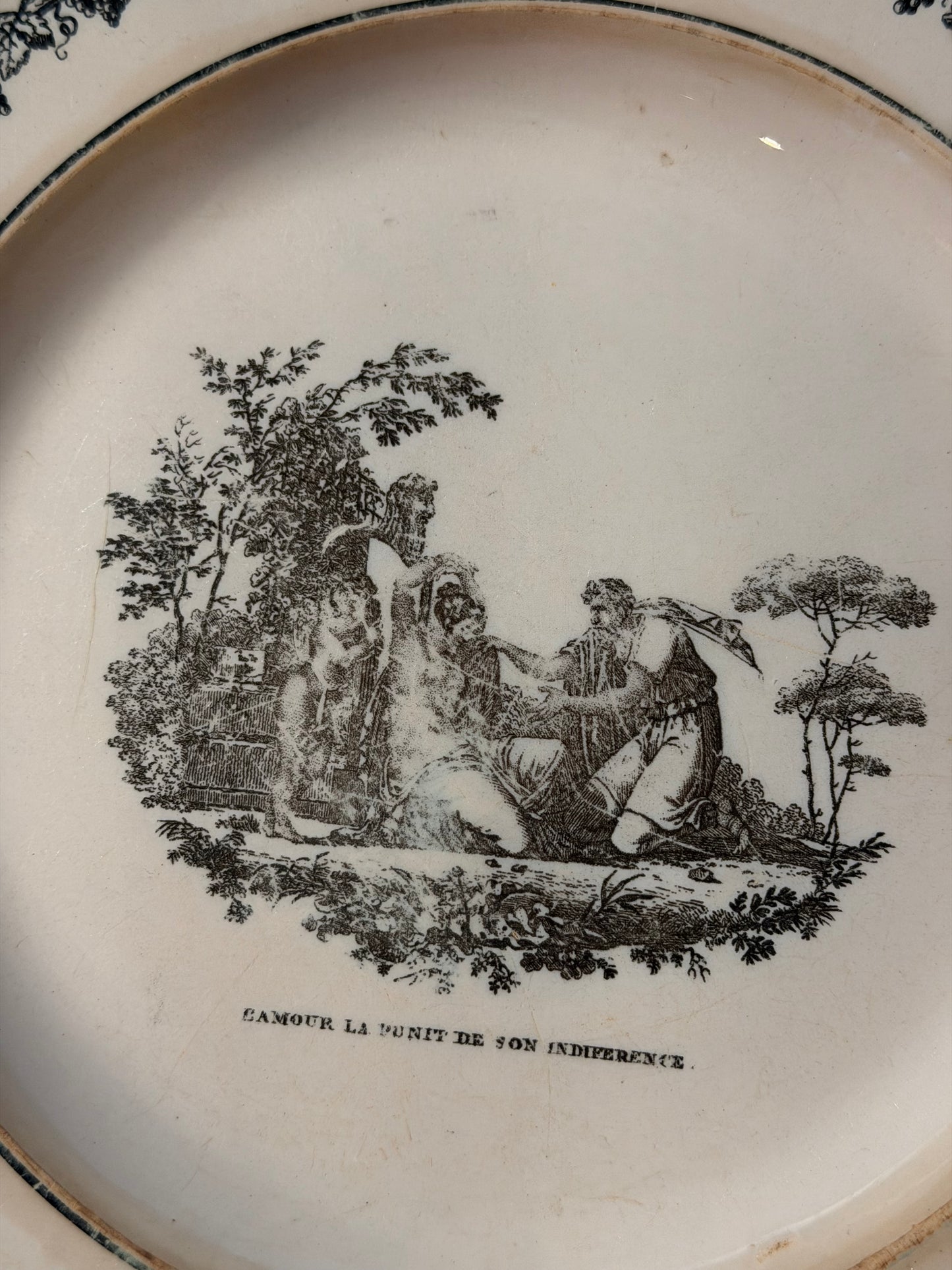 Early 19th Century French Creil Creamware Transferware Plate | L’Amour la Punit de son Indifférence