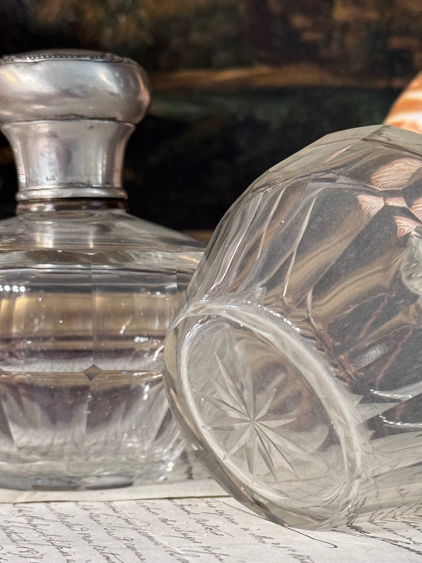 Antique Cut Glass Vanity Bottles with Continental 800 Silver Tops, Pair